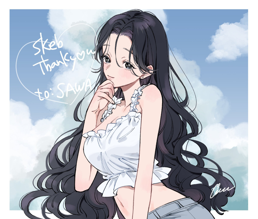 1girl black_hair breasts camisole cleavage cloud cropped_arms cropped_legs earrings frilled_camisole frills grey_eyes grey_pants hand_on_own_chin highres jewelry large_breasts light_smile long_hair looking_at_viewer navel original pants signature sky thank_you very_long_hair wata_kinoshi wavy_hair white_camisole