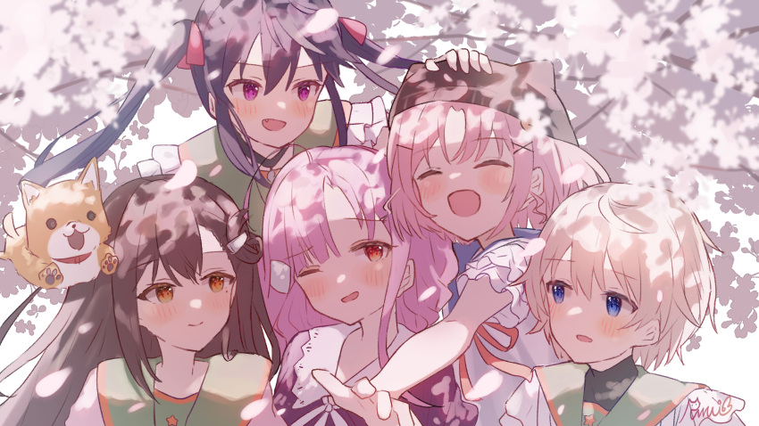 1boy 5girls animal dog ebisuzawa_kurumi gakkou_gurashi! highres megurigaoka_high_school_uniform multiple_girls naoki_miki ruri_3607 sakura_megumi school_uniform takeya_yuki taroumaru_(gakkou_gurashi) uniform wakasa_yuuri