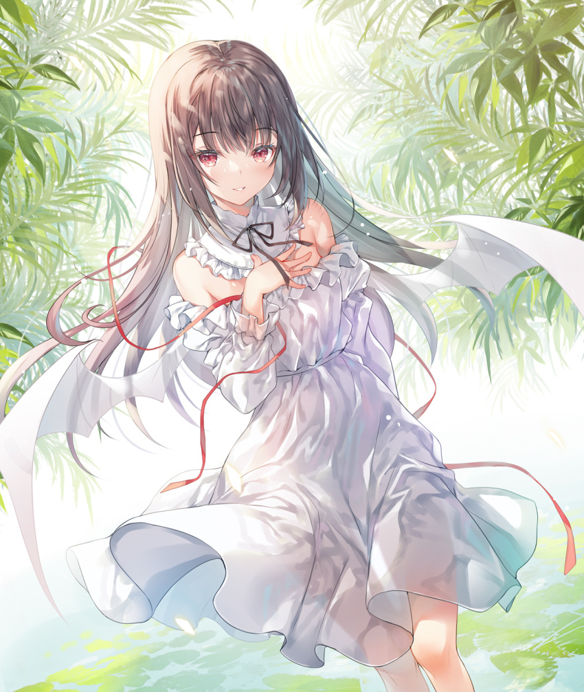 1girl bat_wings black_hair blush commentary_request detached_collar dress grin highres leaf long_hair looking_at_viewer miwabe_sakura off-shoulder_dress off_shoulder original outdoors red_eyes red_ribbon ribbon smile solo standing white_dress white_wings wings