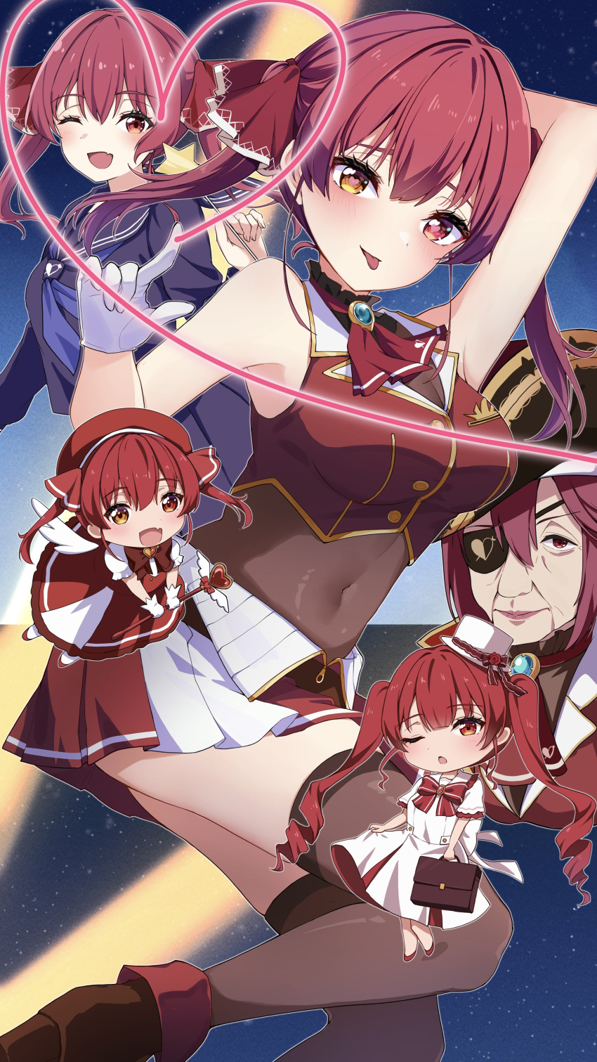1girl :p ;d absurdres aged_up arm_up ascot bag breasts brown_thighhighs covered_navel crop_top cropped_jacket eyepatch hat heart heart-shaped_pupils heterochromia highres holding holding_bag holding_wand hololive houshou_marine houshou_marine_(1st_costume) jacket large_breasts leotard leotard_under_clothes long_hair looking_at_viewer magical_girl mini_person minigirl miniskirt multiple_views old one_eye_closed open_mouth orange_eyes pirate_hat pleated_skirt red_ascot red_eyes red_hair red_jacket red_skirt skirt sleeveless sleeveless_jacket smile symbol-shaped_pupils thighhighs tongue tongue_out twintails virtual_youtuber wand yoshinon_(yoshinon_kotori)