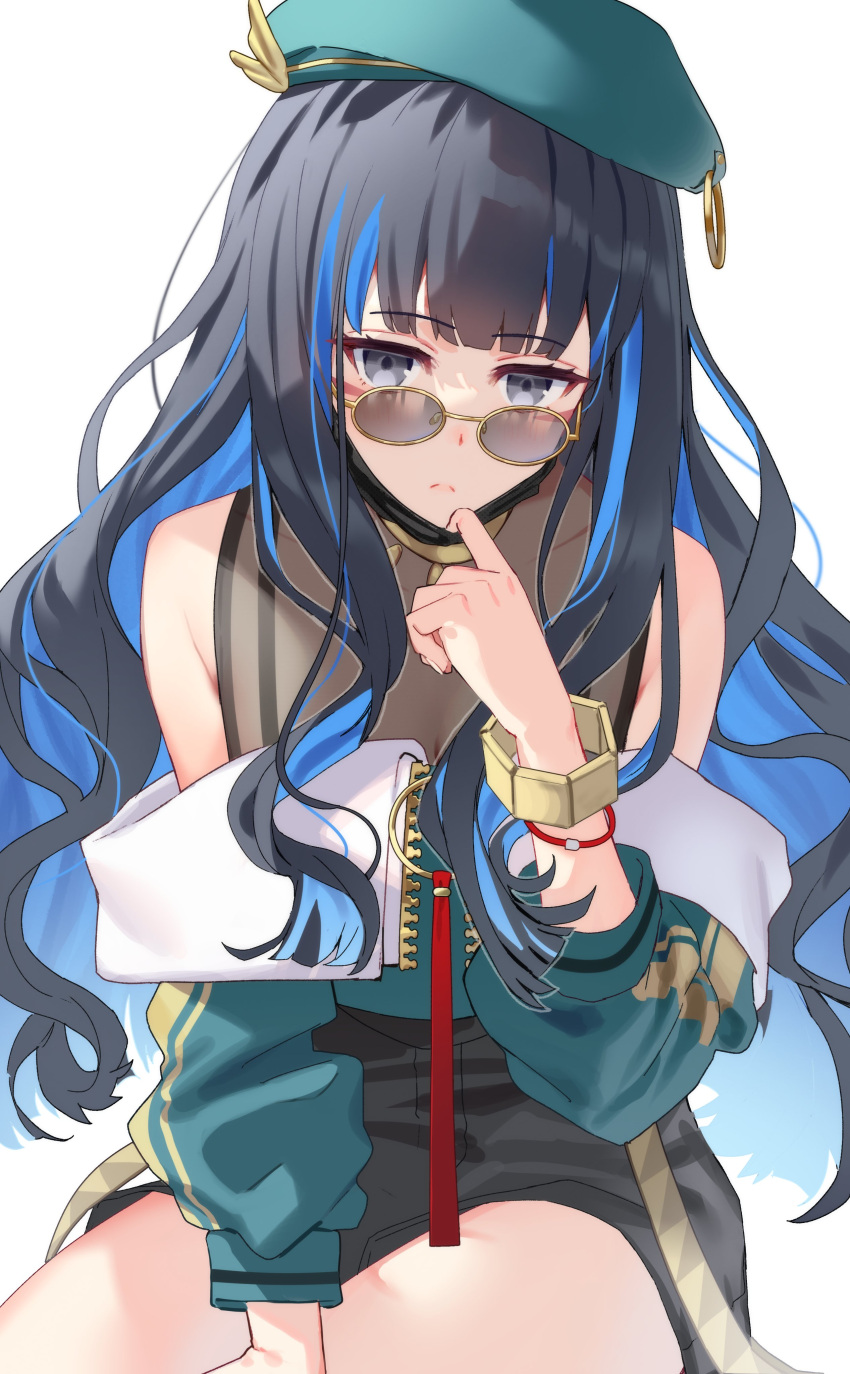 absurdres bangs black_hair blue-tinted_eyewear blue_hair blush bracelet bracer chip_le_cree colored_inner_hair eyeliner fate/grand_order fate_(series) green_headwear grey_eyes headdress highres jewelry long_hair looking_at_viewer looking_over_eyewear makeup mask mouth_mask multicolored_hair neck_ring off_shoulder round_eyewear see-through short_shorts shorts simple_background tenochtitlan_(fate) tinted_eyewear two-tone_hair white_background