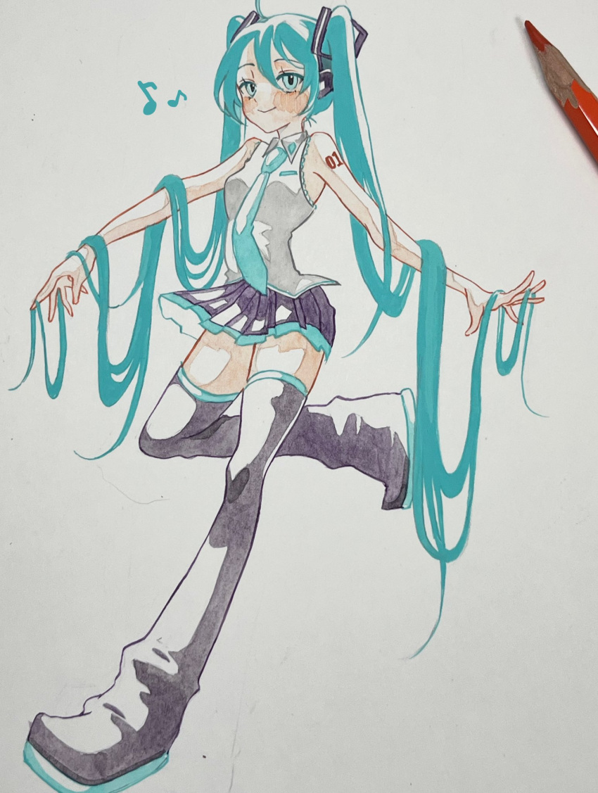 1girl aqua_eyes aqua_hair aqua_necktie arm_tattoo bare_shoulders black_footwear black_skirt black_thighhighs colored_pencil_(medium) full_body hair_between_eyes hatsune_miku highres long_hair looking_at_viewer necktie no_detached_sleeves number_tattoo photo_(medium) shirt shoes shoulder_tattoo skirt sleeveless sleeveless_shirt smile sochira solo tattoo thighhighs traditional_media twintails very_long_hair vocaloid white_shirt