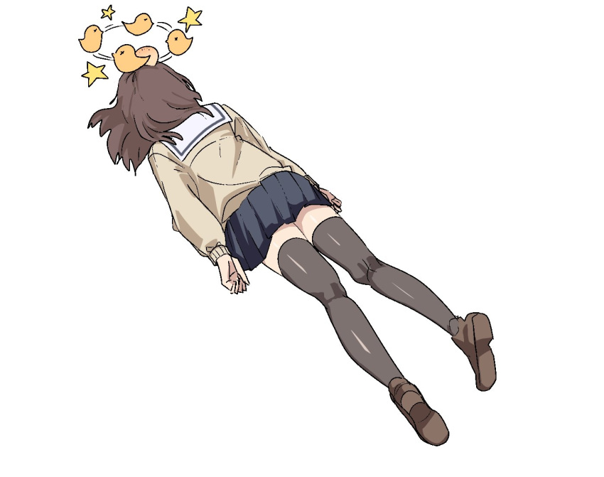 1girl black_skirt brown_footwear brown_hair brown_thighhighs cardigan commentary face_down hair_ornament head_bump jacket loafers long_sleeves lying miniskirt momomatang on_stomach original sail seeing_stars shoes short_hair simple_background skirt solo star_(symbol) symbol-only_commentary thighhighs white_background yellow_jacket zettai_ryouiki