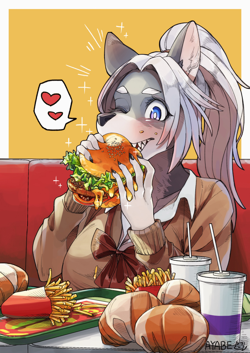 &lt;3 anthro at_table ayabemiso big_breasts black_nose bow_tie breasts brown_clothing brown_sweater brown_topwear burger canid canine canis claws clothed clothing container cup digital_media_(artwork) drinking_straw eating eating_food eyelashes female female_anthro fingers food fries fur furniture grey_body grey_fur hair hi_res holding_burger holding_food holding_object kemono long_hair mammal okami_bark one_eye_closed open_mouth ponytail purple_eyes sharp_teeth shirt solo speech_bubble sweater table teeth topwear white_body white_fur white_hair wolf