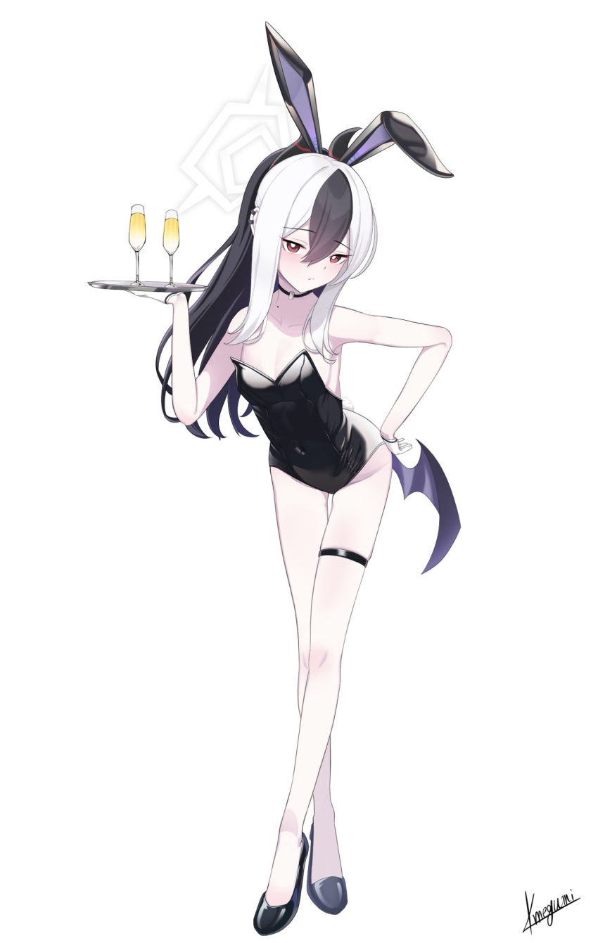 1girl alternate_costume animal_ears bare_shoulders black_footwear black_hair black_leotard blue_archive breasts bright_pupils champagne_flute choker cleavage closed_mouth covered_navel crossed_legs cup drinking_glass ear_piercing fake_animal_ears full_body gloves groin halo high_heels highres holding holding_tray horns kayoko_(blue_archive) leaning_forward leotard long_hair looking_at_viewer low_wings megumi_kei mole multicolored_hair piercing playboy_bunny ponytail red_eyes sidelocks signature simple_background single_wing small_breasts solo standing thigh_strap tray two-tone_hair white_background white_gloves white_hair white_pupils wings