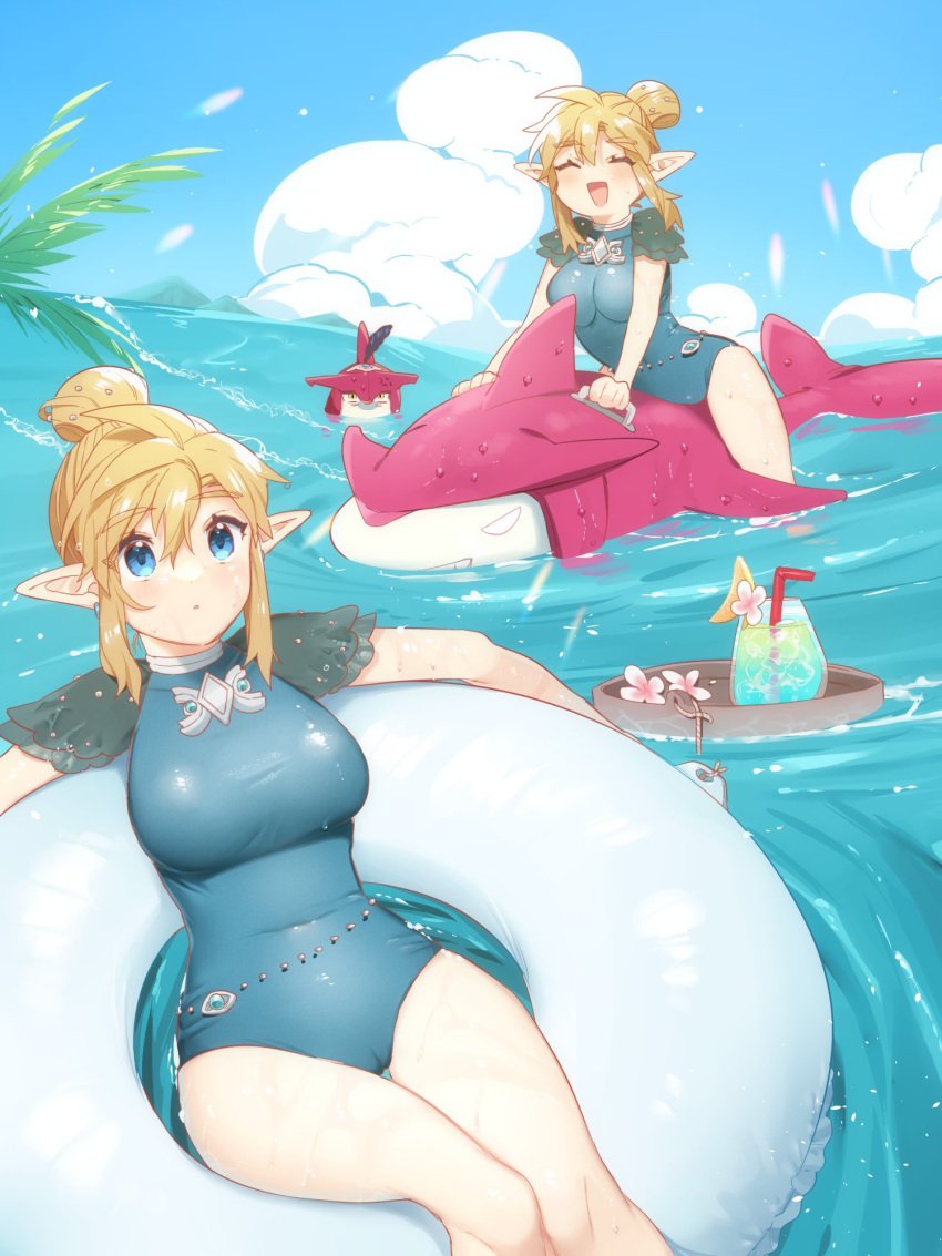 1girl :d blue_one-piece_swimsuit blush breasts cameltoe cloud cup day drinking_glass drinking_straw feather_hair_ornament feathers flower genderswap genderswap_(mtf) hair_ornament happy highres inflatable_shark inflatable_toy innertube large_breasts ocean one-piece_swimsuit outdoors pointy_ears shiny_clothes short_sleeves sidon smile swimsuit the_legend_of_zelda the_legend_of_zelda:_tears_of_the_kingdom ttanuu. water