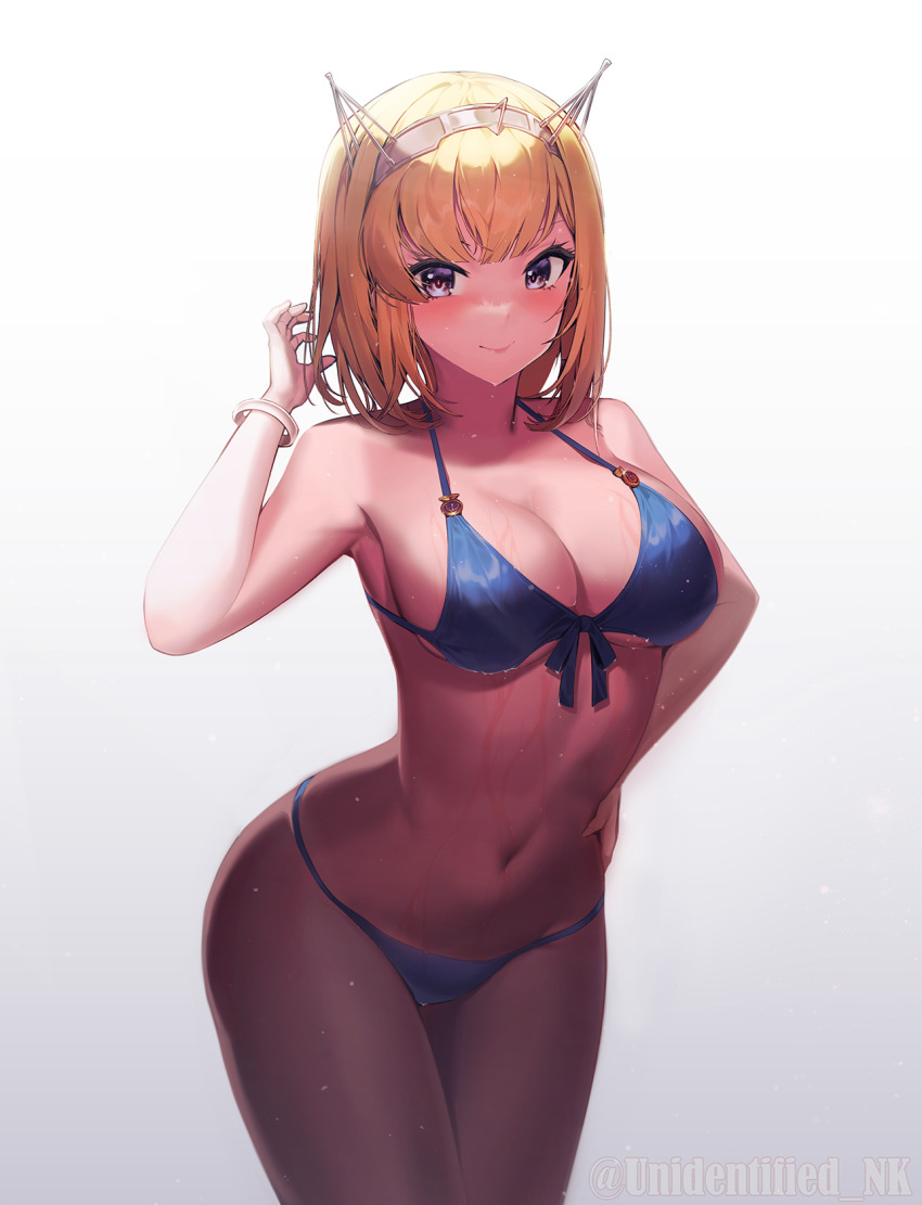 1girl adjusting_hair alternate_costume bikini blonde_hair blue_bikini blue_eyes bracelet breasts cleavage cowboy_shot gradient_background hand_on_own_hip headgear highres jewelry kantai_collection large_breasts navel rodney_(kancolle) short_hair smile solo swimsuit twitter_username unidentified_nk variant_set wet wet_bikini white_background