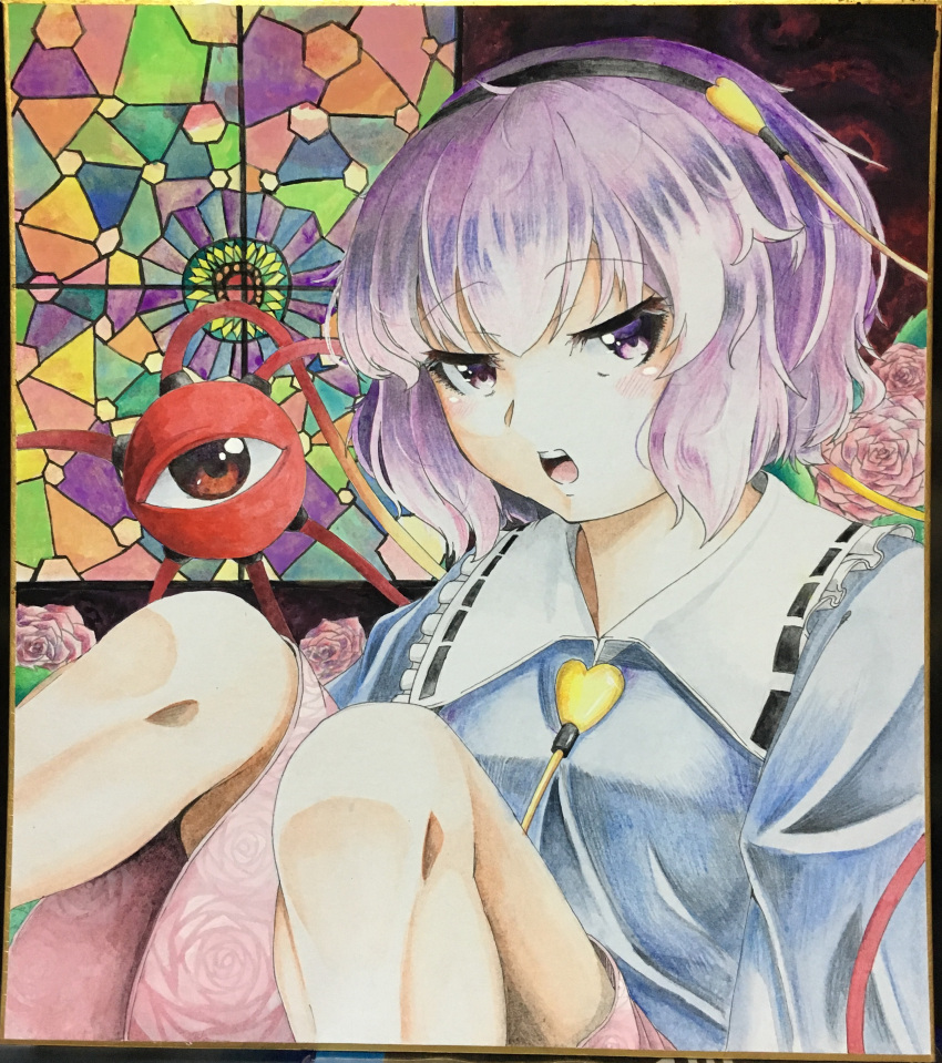 1girl 283win absurdres acrylic_paint_(medium) commentary_request floral_print heart highres komeiji_satori looking_at_viewer open_mouth painting_(medium) photo_(medium) purple_eyes purple_hair red_eyes rose_print shikishi short_hair solo teeth third_eye touhou traditional_media upper_body upper_teeth_only