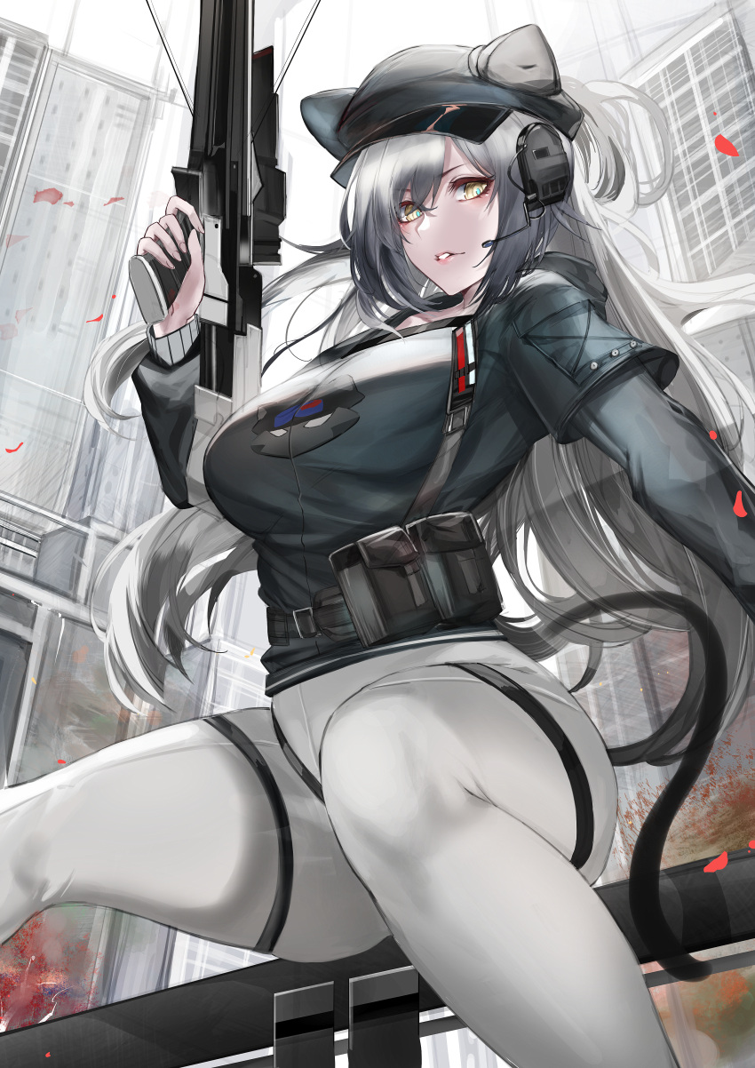 1girl absurdres animal_ears arknights black_headwear black_jacket cabbie_hat cat_ears cat_tail commentary_request crossbow ears_through_headwear feet_out_of_frame grey_hair grey_pants hat highres holding holding_crossbow holding_weapon jacket leggings long_hair long_sleeves looking_at_viewer official_alternate_costume pants parted_lips pouch schwarz_(arknights) schwarz_(skyline)_(arknights) sitting solo tail thighs very_long_hair weapon yellow_eyes yujieai