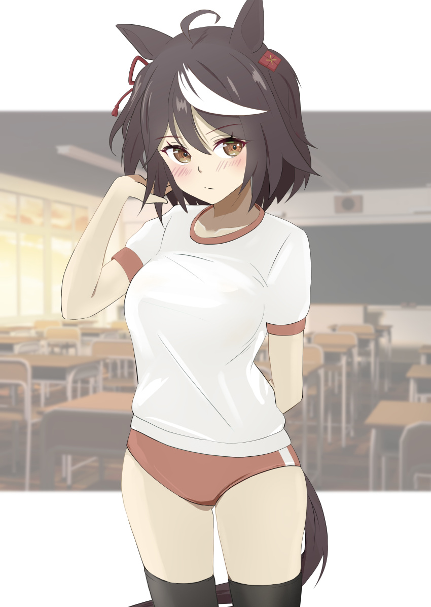 1girl absurdres ahoge alternate_costume alternate_eye_color animal_ears arm_behind_back black_hair black_thighhighs blurry blurry_background blush breasts brown_eyes buruma chair classroom closed_mouth cowboy_shot desk double-parted_bangs gym_shirt gym_uniform hair_between_eyes hair_ornament hair_ribbon hand_up highres horse_ears horse_girl horse_tail kitasan_black_(umamusume) large_breasts letterboxed multicolored_hair out_of_frame red_buruma red_ribbon ribbon sanche_(3che3) school_chair school_desk shirt short_hair short_sleeves solo streaked_hair tail thighhighs two-tone_hair two_side_up umamusume white_hair white_shirt