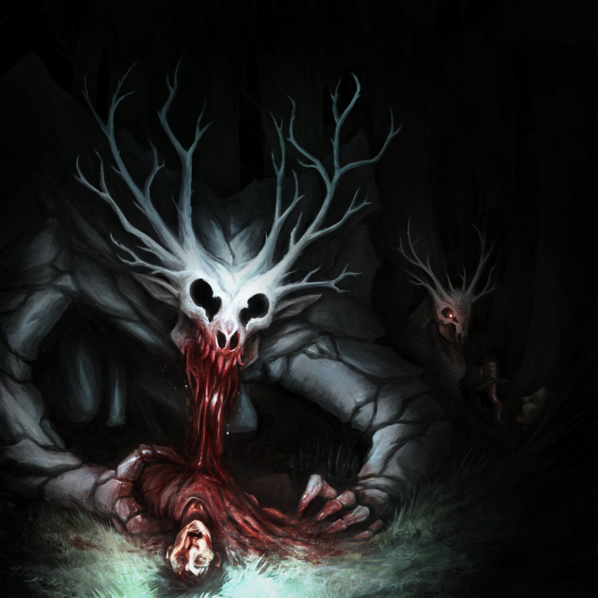 2019 all_fours ambiguous_focus ambiguous_gender american_mythology anthro antlers blood blood_on_face blood_on_hand blood_on_shirt bodily_fluids body_tearing bone breasts clothing corpse dagger death detailed_background digital_media_(artwork) digital_painting_(artwork) duo eating elemental_creature eye_socket female ggtfimz glowing glowing_eyes gore grass grotesque_death guts hard_vore hi_res holding_dagger horn horror_(theme) human indigenous_north_american_mythology intestines light lighting lillith_(wonderwaffled2) looking_down mammal melee_weapon mineral_fauna monster mutilation mythology night nightmare_fuel north_american_mythology nude organs pentacle plant red_eyes red_glow restricted_palette rock rock_creature sharp_teeth shirt skull skull_head solo_focus teeth topwear vore weapon wendigo where_is_your_god_now