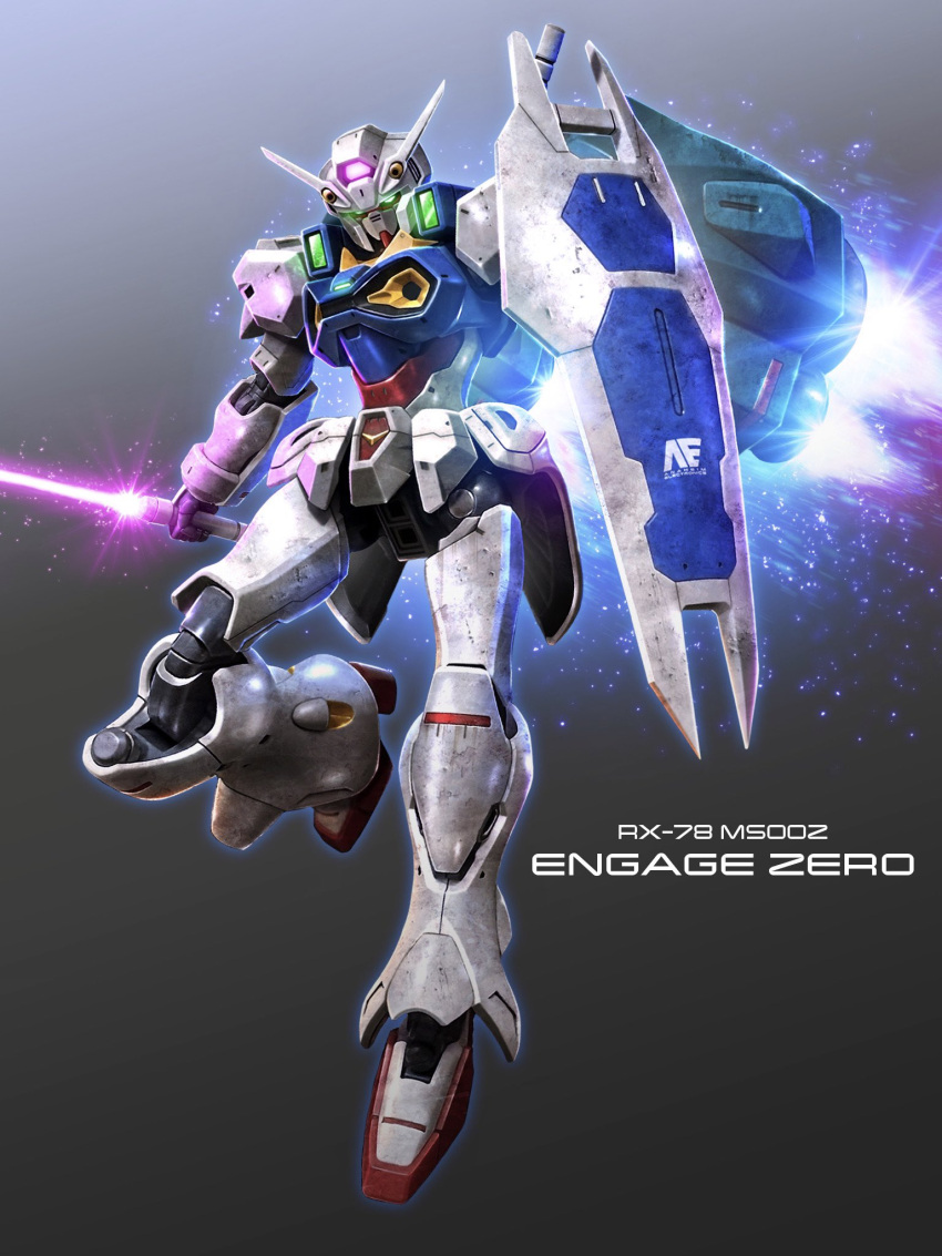 beam_saber black_background character_name glowing glowing_eyes green_eyes gundam gundam_engage_zero gundam_u.c._engage highres holding holding_sword holding_weapon light_particles looking_down mecha no_humans planeta_tsuji robot science_fiction sword thrusters v-fin weapon