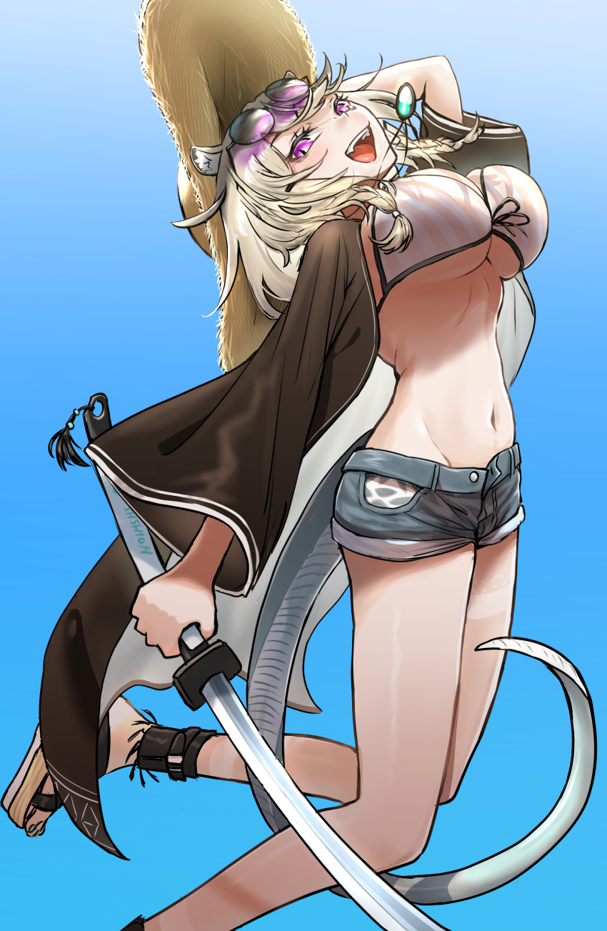 1girl :d animal_ear_fluff animal_ears arknights bikini bikini_top_only black_jacket blonde_hair blue_shorts blue_sky bouncing_breasts braid breasts brown_headwear day eyewear_on_head foot_out_of_frame from_side hat highres holding holding_sword holding_weapon jacket jewelry jumping landl legs long_hair long_sleeves looking_at_viewer looking_to_the_side midair navel necklace official_alternate_costume open_clothes open_jacket open_mouth outdoors purple_eyes sandals short_shorts shorts sky smile solo stomach straw_hat striped striped_bikini sunglasses swimsuit sword tail toenails toes twin_braids underboob utage_(arknights) utage_(summer_flowers)_(arknights) vertical-striped_bikini vertical_stripes weapon