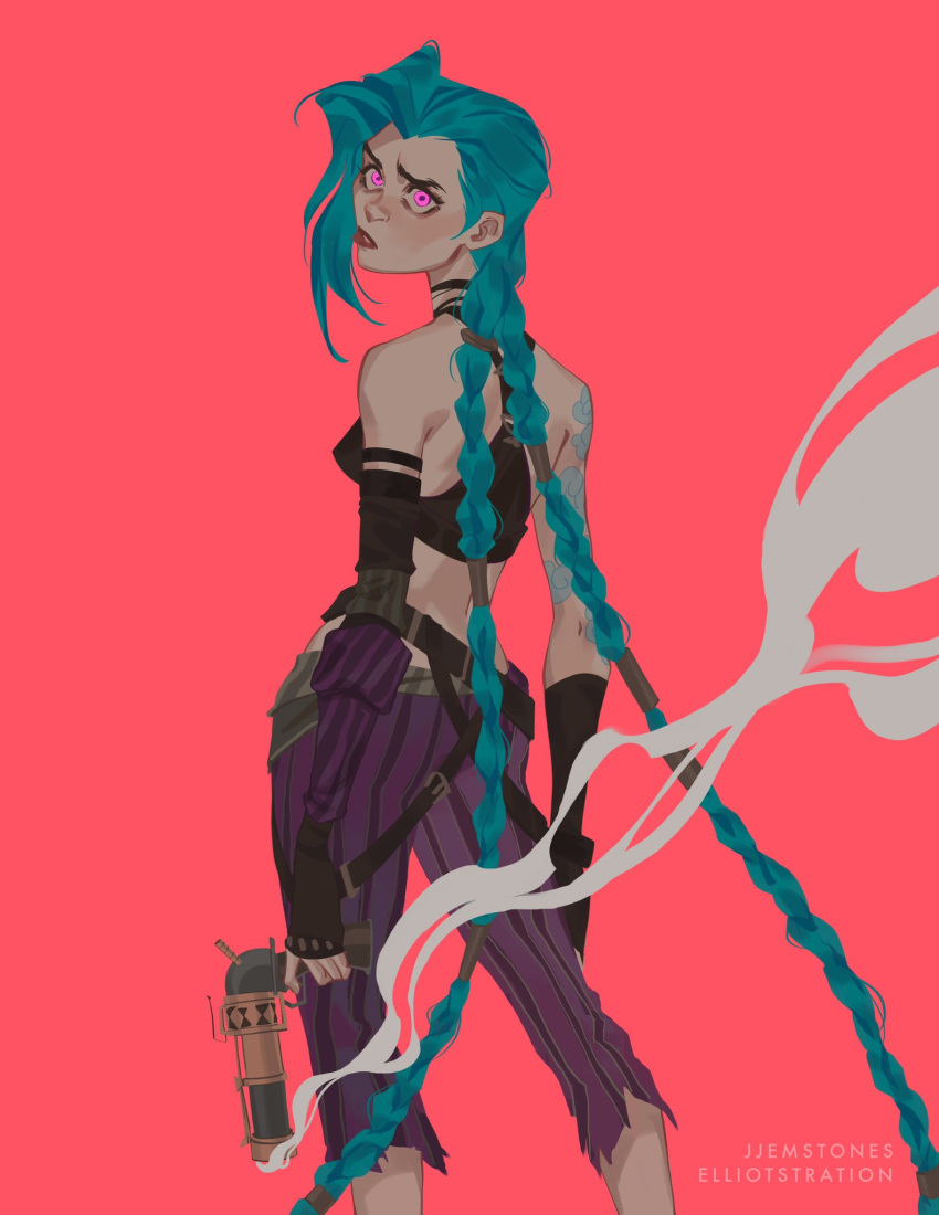 1girl arcane:_league_of_legends arcane_jinx arm_tattoo asymmetrical_bangs bangs bare_shoulders blue_hair blush braid breasts cloud_tattoo crop_top fingerless_gloves from_behind gloves green_hair gun handgun highres holding holding_gun holding_weapon jinx_(league_of_legends) jjemstones league_of_legends long_hair looking_at_viewer looking_back pants pink_eyes shoulder_tattoo solo striped striped_pants tattoo teeth twin_braids weapon