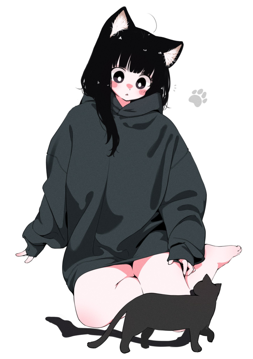 1girl :o ahoge animal_ear_fluff animal_ears barefoot black_cat black_eyes black_hair blunt_bangs blush blush_stickers cat cat_ears cat_girl dot_nose full_body grey_hoodie highres hood hoodie looking_down megateru no_legwear no_pants nose_blush notice_lines on_floor original oversized_clothes paw_print sleeves_past_wrists solo thighhigh_removed thighs white_background