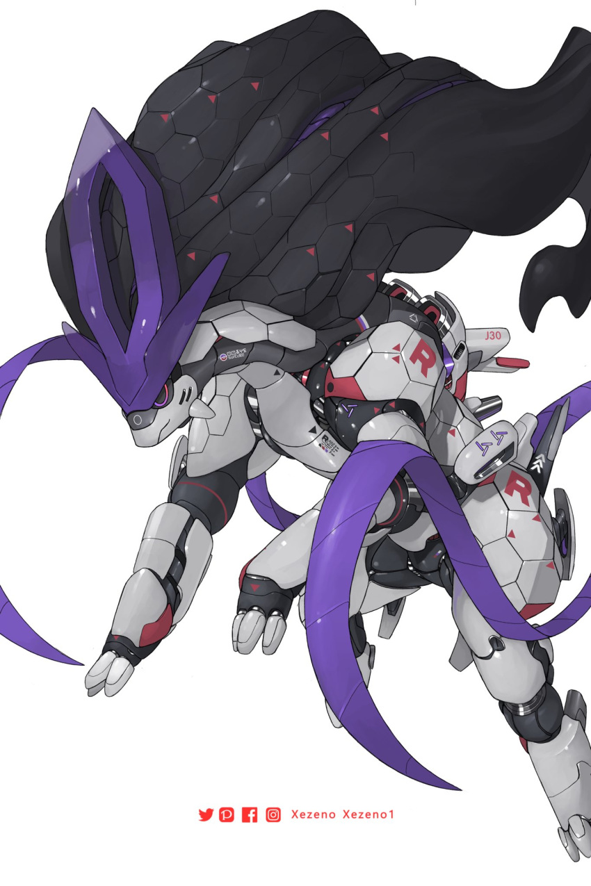 animal_focus artist_name black_sclera closed_mouth colored_sclera commentary english_commentary facebook_logo facebook_username full_body highres instagram_logo instagram_username mecha mechanization no_humans pixiv_logo pixiv_username pokemon pokemon_(creature) purple_eyes robot simple_background solo suicune twitter_logo twitter_username white_background xezeno