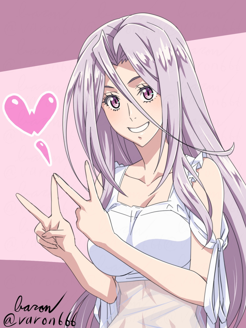 1girl artist_name bare_shoulders baron_(varon666) breasts cleavage collarbone double_v fuuto_tantei hair_between_eyes heart highres kamen_rider kamen_rider_w large_breasts long_hair looking_at_viewer parted_lips purple_background purple_eyes purple_hair see-through smile solo tokime_(fuuto_tantei) twitter_username v very_long_hair