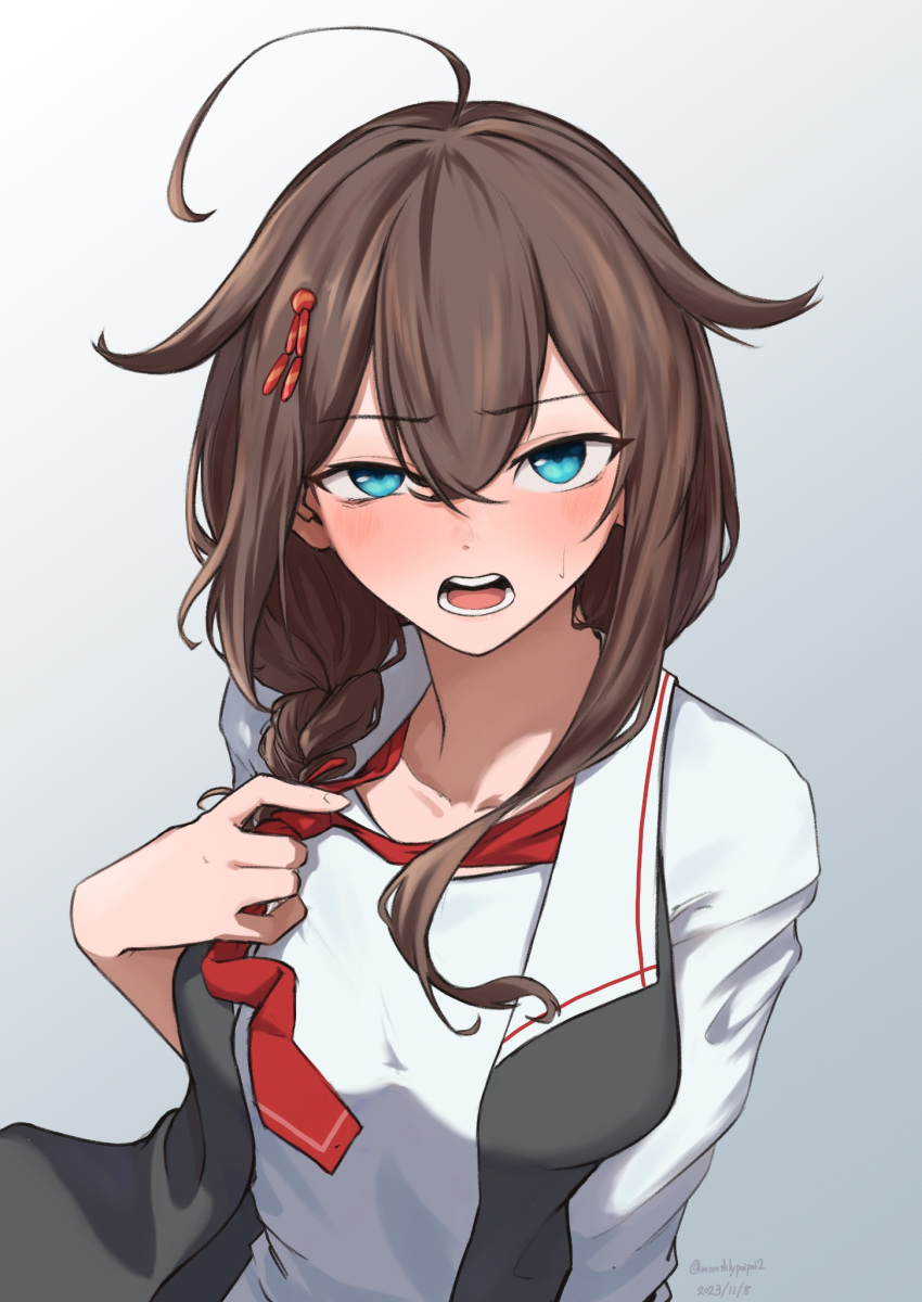 1girl ahoge black_vest blue_eyes braid brown_hair crossed_bangs dated hair_between_eyes hair_flaps hair_ornament hair_over_shoulder hairpin highres kantai_collection looking_at_viewer loose_necktie necktie official_alternate_costume open_mouth red_necktie shigure_(kancolle) shigure_kai_ni_(kancolle) shirt simple_background solo twitter_username umibudou upper_body vest white_shirt