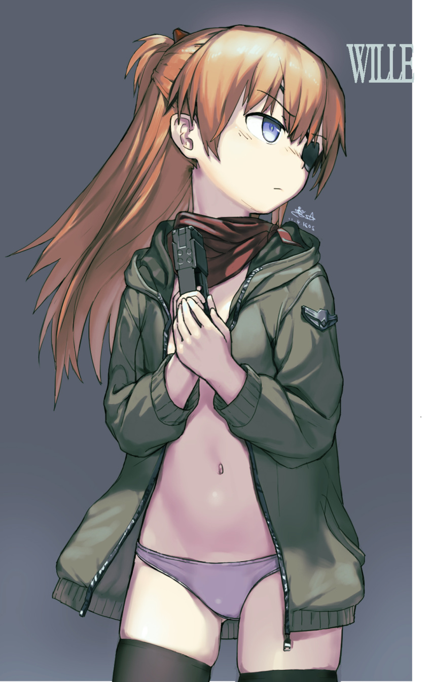 1girl black_thighhighs blue_eyes eyepatch grey_background highres holding jacket long_hair navel neon_genesis_evangelion open_clothes orange_hair panties simple_background solo souryuu_asuka_langley standing thighhighs underwear zhongye_yu