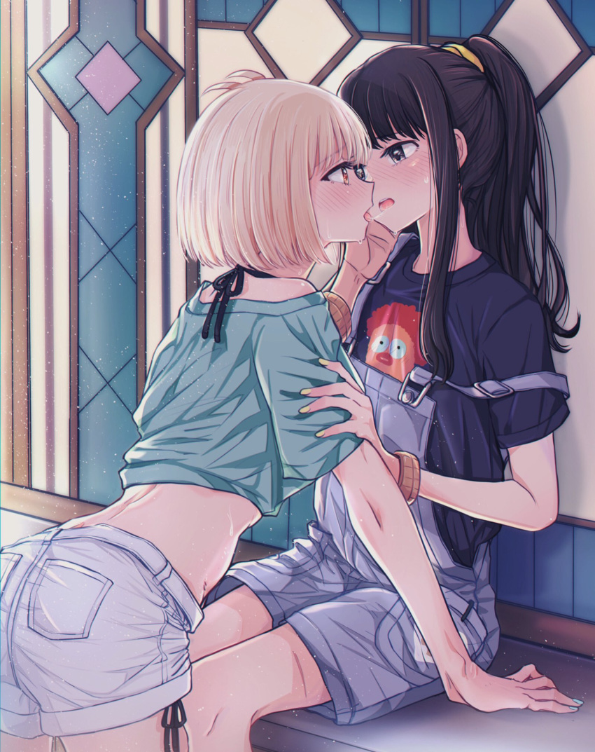 2girls after_kiss arm_support bikini bikini_under_clothes black_bikini black_hair blonde_hair blue_nails blue_shirt blush bob_cut bracelet commentary_request cropped_shirt eye_contact futaba_(rei-futaba) hand_on_another's_cheek hand_on_another's_face highres inoue_takina jewelry light_particles long_hair looking_at_another lycoris_recoil matching_accessory multiple_girls nail_polish nishikigi_chisato official_alternate_costume one_side_up open_mouth overalls ponytail purple_hair red_eyes saliva saliva_trail shirt short_sleeves shorts sidelocks single_bare_shoulder strap_slip sweat swimsuit t-shirt teeth upper_teeth_only white_shorts yellow_nails yuri