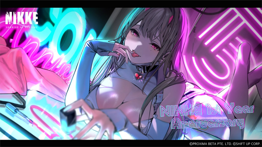 1girl anniversary breasts brown_hair cleavage cleavage_cutout clothing_cutout detached_sleeves goddess_of_victory:_nikke highres large_breasts long_hair looking_at_viewer lying neon_lights nishikikope official_art on_stomach pink_eyes sleeves_past_wrists smile solo tongue tongue_out viper_(nikke)