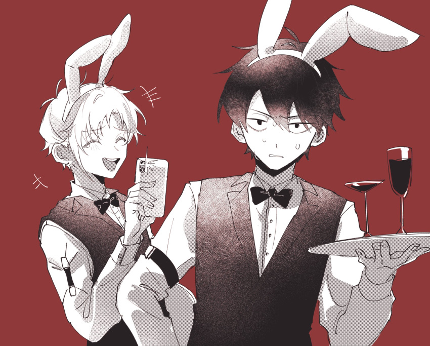 2boys ^_^ animal_ears bangs bow bowtie buttons camera_flash cellphone closed_eyes collared_shirt commentary cup dress_shirt drinking_glass facing_viewer fake_animal_ears fingernails greyscale_with_colored_background hair_between_eyes hair_over_one_eye hairband highres holding holding_phone holding_tray kagerou_project kano_shuuya kisaragi_shintarou lapels long_sleeves looking_at_viewer male_focus mekakucity_actors mokemoke_chan monochrome multiple_boys notched_lapels open_mouth parted_lips phone rabbit_ears red_background shirt short_hair simple_background smartphone smile sweatdrop taking_picture teeth tray upper_body upper_teeth_only vest waiter wide-eyed wine_glass wing_collar