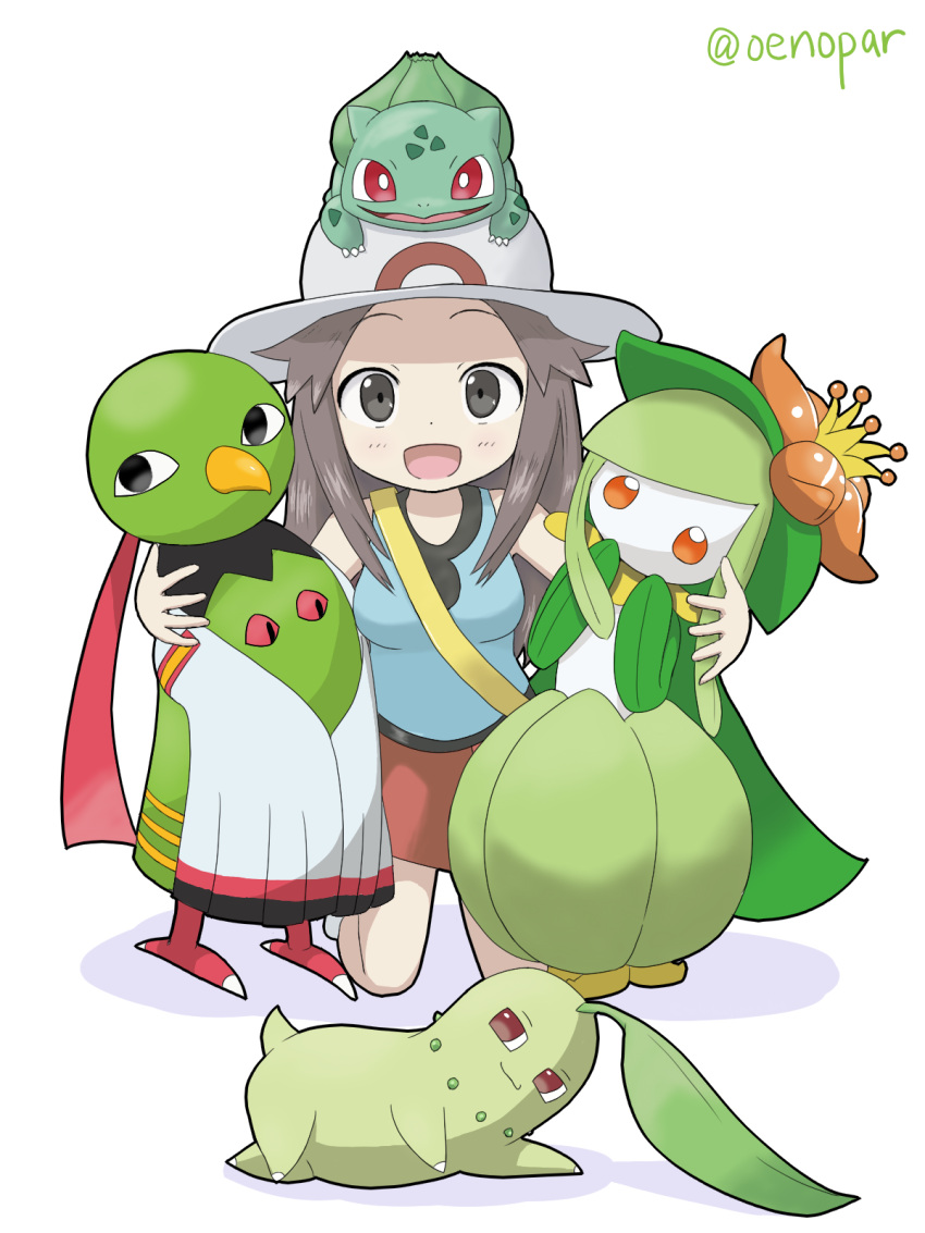 1girl animal_on_head blue_shirt brown_eyes brown_hair bulbasaur chikorita dot_nose highres kneeling leaf_(pokemon) lilligant oenopar on_head open_mouth pokemon pokemon_(game) pokemon_frlg red_skirt shirt simple_background skirt twitter_username white_background white_headwear xatu