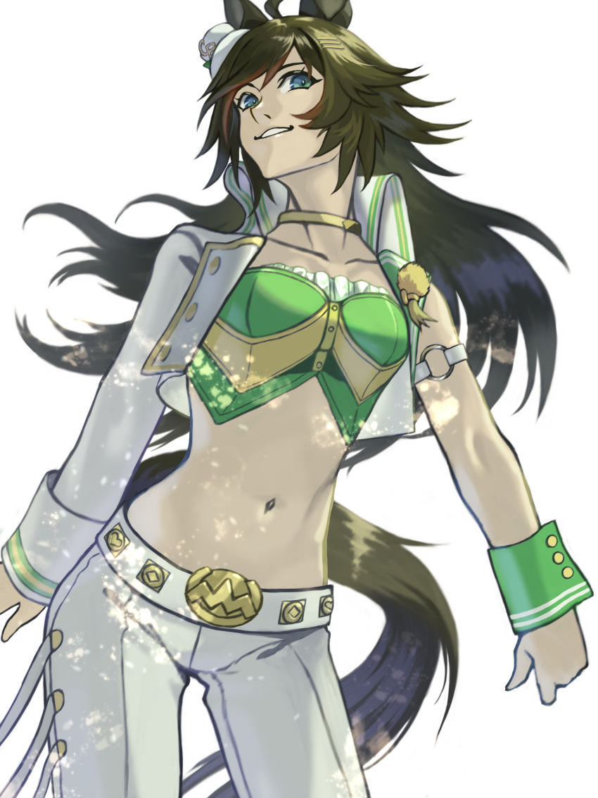 1girl absurdres ahoge animal_ears arm_strap bangs breasts brown_hair choker collarbone commentary cowboy_shot cropped_jacket green_eyes green_shirt hair_between_eyes hair_ornament hairclip hat highres horse_ears horse_girl horse_tail jacket long_hair long_sleeves looking_at_viewer medium_breasts midriff mini_hat mini_top_hat mr._c.b._(umamusume) navel okitsune_(kitsunegako) open_clothes open_jacket pants parted_lips shirt sidelocks simple_background single_bare_shoulder single_sleeve smile solo standing strapless strapless_shirt tail top_hat umamusume white_background white_jacket white_pants wrist_cuffs yellow_choker