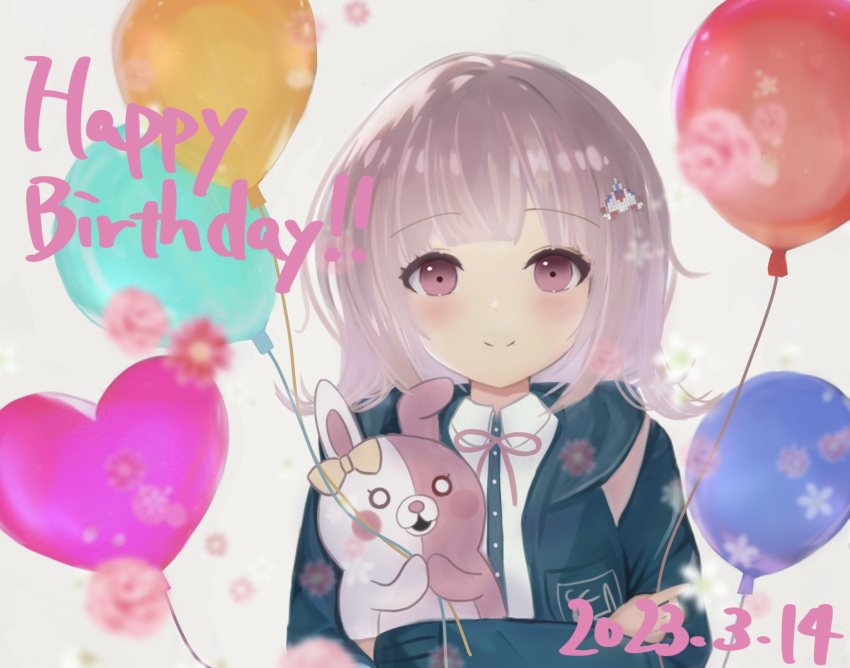 1girl balloon blush breasts brown_hair closed_mouth danganronpa_(series) danganronpa_2:_goodbye_despair dated ear_bow flipped_hair galaga green_jacket hair_ornament happy_birthday highres holding holding_balloon hood jacket looking_at_viewer medium_hair monomi_(danganronpa) nanami_chiaki neck_ribbon open_clothes open_jacket pink_eyes pink_ribbon ribbon shirt smile two-tone_shirt upper_body you_zhi