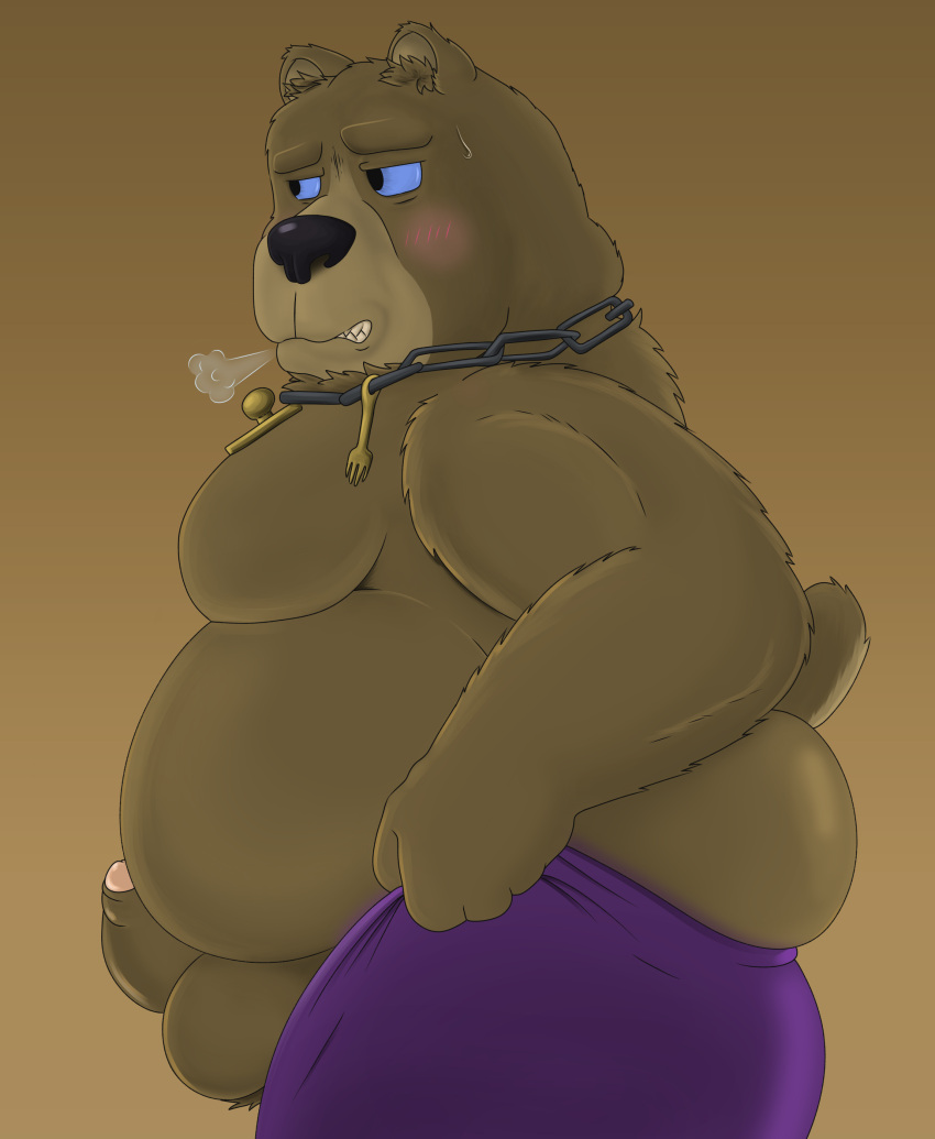 2023 absurd_res alternate_version_at_source anthro baby_bear_(puss_in_boots) balls bear belly big_belly biped black_nose bottomwear bottomwear_pull brown_balls brown_body brown_fur brown_inner_ear_fluff brown_penis butt clothing clothing_pull clothing_too_small digital_media_(artwork) dreamworks erection fathyhell fur genitals hi_res humanoid humanoid_genitalia humanoid_penis inner_ear_fluff looking_down male mammal meme meme_clothing moobs mouth_closed obese obese_male overweight overweight_anthro overweight_male pants pants_pull penis pulling_up_pants purple_bottomwear purple_clothing purple_pants puss_in_boots_(film) puss_in_boots_the_last_wish side_view simple_background solo tight_pants_(meme) tuft