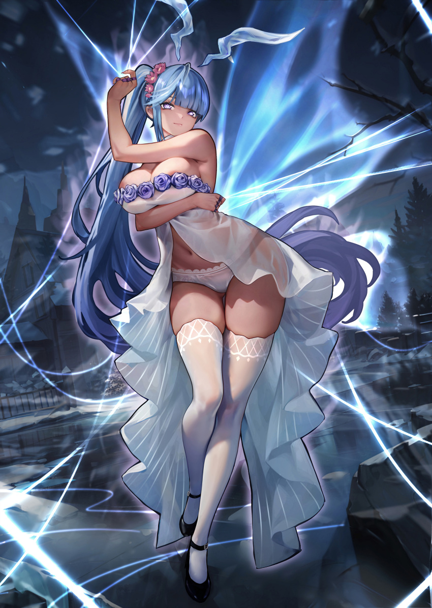 1girl absurdres areola_slip ass_visible_through_thighs blue_hair breasts commission dress flower hair_flower hair_ornament highres jewelry large_breasts light_smile long_hair navel open_clothes open_dress original panties pixiv_commission ponytail purple_eyes revealing_clothes ring snowflake_pupils solo strapless strapless_dress string thighhighs underwear very_long_hair white_dress white_panties white_thighhighs wide_hips yoyoleaf