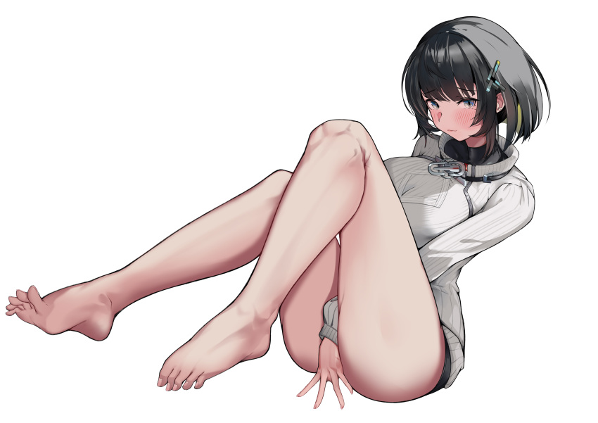 1girl absurdres arknights arknights:_endfield bare_legs between_legs black_hair blue_eyes blush breasts female_endministrator_(arknights) hair_ornament hand_between_legs highres invisible_chair long_sleeves looking_at_viewer medium_breasts short_hair simple_background sitting solo suxi_(user_pjzz2244) sweater white_background white_sweater