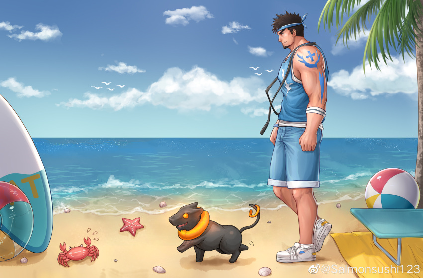 1boy absurdres arm_tattoo bara bare_arms beach beard black_hair blue_headband blue_male_swimwear blue_shirt blue_sky brucie_(infighter821) commission crab dog dungeon_and_fighter facial_hair from_side full_body headband highres kulolin male_focus male_priest_(dungeon_and_fighter) male_swimwear mature_male muscular muscular_male outdoors palm_tree pectorals shirt shoes short_hair sideburns sidepec sky sleeveless sleeveless_shirt smile sneakers solo standing starfish surfboard swim_trunks tattoo tree video_thumbnail water