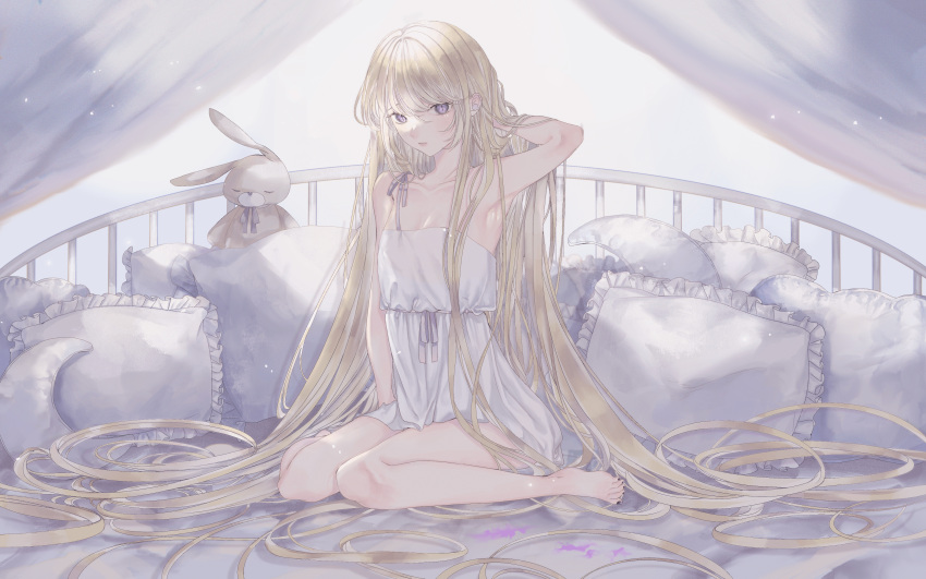 1girl absurdly_long_hair absurdres arm_up bare_legs bare_shoulders barefoot black_nails blonde_hair breasts curtains frilled_pillow frills full_body highres light_particles long_hair msa_(fary_white) nail_polish nightgown on_bed original pillow purple_eyes sitting slit_pupils small_breasts solo stuffed_animal stuffed_rabbit stuffed_toy toenail_polish toenails very_long_hair wariza white_nightgown