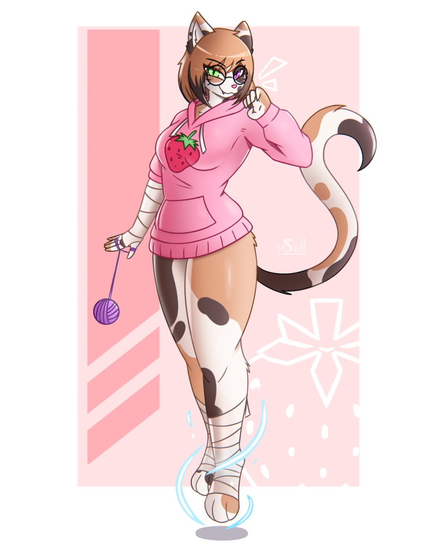 absurd_res anthro ashley_(calicos_rule4l) ball_of_yarn bandage calico_cat clothing domestic_cat eyewear felid feline felis female floating food foot_wraps fruit glasses heterochromia hi_res hoodie looking_at_viewer mammal plant solo strawberry sulldfox topwear wraps yarn