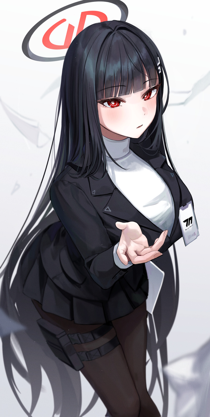 1girl absurdres black_hair black_pantyhose black_skirt black_suit blue_archive blunt_bangs blurry breasts bright_pupils depth_of_field formal hair_ornament hairclip halo highres holding holding_tablet_pc holster id_card large_breasts long_hair long_sleeves looking_at_viewer myowa pantyhose pleated_skirt red_eyes rio_(blue_archive) skirt solo suit sweater tablet_pc thigh_holster turtleneck turtleneck_sweater very_long_hair white_pupils white_sweater