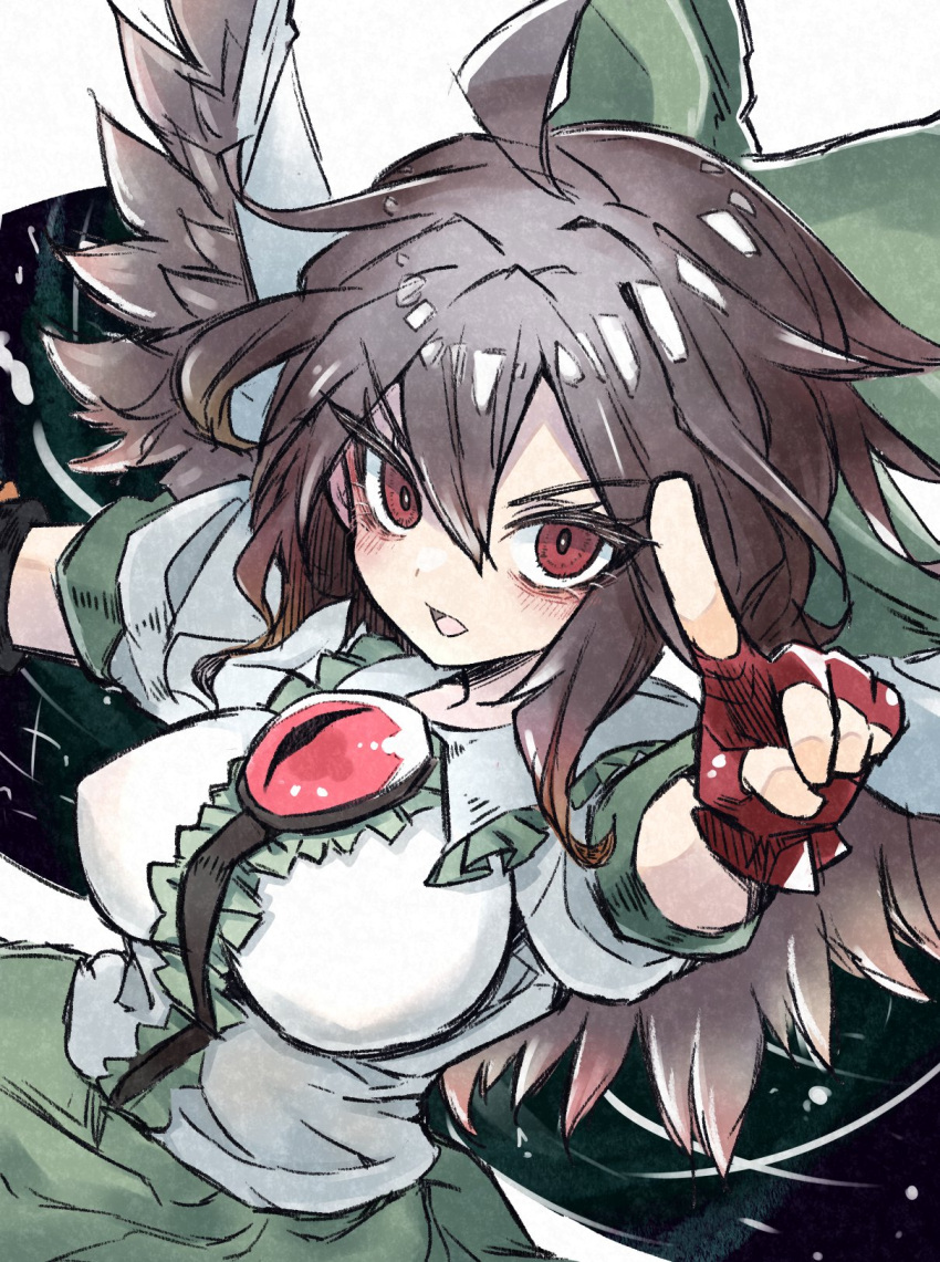 1girl bird_wings bow brown_hair center_frills collared_shirt commentary_request deal360acv fingerless_gloves frilled_shirt_collar frills gloves green_skirt hair_bow highres long_hair looking_at_viewer open_mouth pointing pointing_at_viewer red_eyes red_gloves reiuji_utsuho shirt short_sleeves skirt solo touhou upper_body white_shirt wings