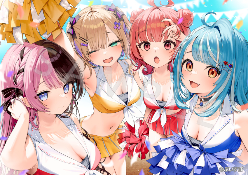 4girls :3 :d :o ;d armpits bandeau bare_shoulders black_bow black_collar black_hair blonde_hair blue_eyes blue_hair blue_shirt bow braid breasts cheering cheerleader cleavage closed_mouth collar collared_shirt colored_inner_hair confetti crop_top cut_bangs day french_braid green_eyes grey_bandeau hair_bow hair_ornament hair_tucking hairclip half-closed_eyes heart heart_hair_ornament highres holding holding_pom_poms itohana kurumi_noah large_breasts long_hair looking_at_viewer medium_breasts medium_hair midriff miniskirt multicolored_hair multiple_girls navel official_art one_eye_closed open_mouth orange_eyes orange_shirt orange_skirt outdoors pink_hair pleated_skirt pom_pom_(cheerleading) purple_hair red_eyes red_hair red_shirt red_skirt sample_watermark shiranami_ramune shirt short_hair skirt sleeveless sleeveless_shirt smile split-color_hair stomach streaked_hair sweatdrop tachibana_hinano_(vtuber) tied_shirt two-tone_hair two-tone_shirt two_side_up virtual_youtuber vspo! watermark white_hair yumeno_akari