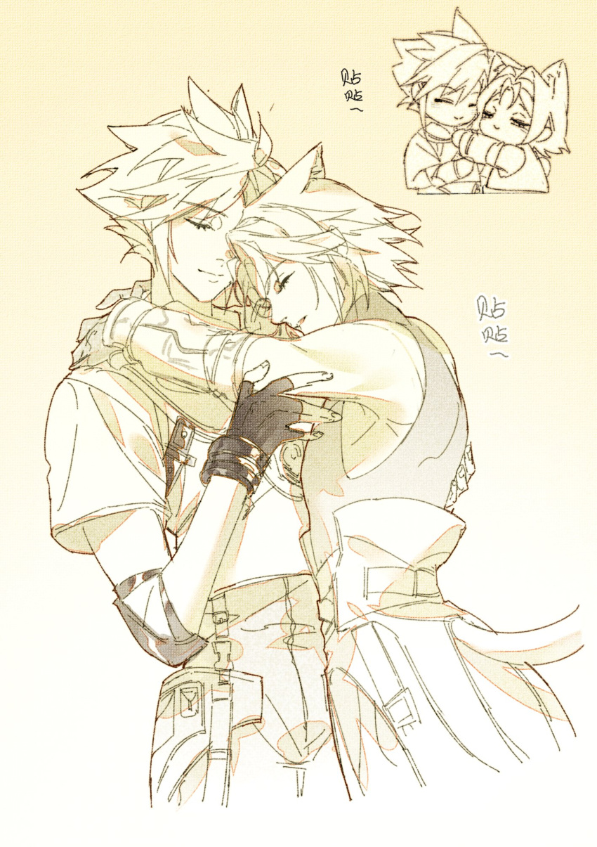 2boys aged_down animal_ears arms_around_neck black_gloves cat_boy cat_ears cat_tail chibi chibi_inset chinese_commentary chinese_text closed_eyes cloud_strife crop_top cuntouxiaoyeju elbow_pads final_fantasy final_fantasy_vii final_fantasy_vii_ever_crisis fingerless_gloves gloves gradient_background hand_on_another's_arm hand_on_another's_back happy high-waist_pants highres hug light_smile male_focus monochrome multiple_boys multiple_views official_alternate_costume open_mouth pants sailor_collar sephiroth short_hair short_sleeves simple_background skin_tight sleeveless smile spiked_hair standing tail turtleneck yaoi
