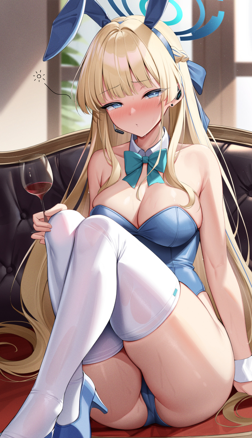 1girl absurdres animal_ears ass bare_shoulders blonde_hair blue_archive blue_bow blue_eyes blue_hairband blue_leotard blush bow bowtie braid breasts cleavage collarbone couch cup detached_collar drinking_glass drunk ear_piercing earpiece fake_animal_ears hairband halo high_heels highleg highleg_leotard highres holding holding_cup knees_up kyonta leotard long_hair medium_breasts microphone official_alternate_costume official_alternate_hairstyle parted_lips piercing playboy_bunny rabbit_ears sitting sweat thighhighs thighs toki_(blue_archive) toki_(bunny)_(blue_archive) very_long_hair white_thighhighs window wine_glass wrist_cuffs