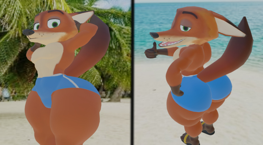 3d_(artwork) anthro beach big_butt bottomwear butt butt_focus camseven canid canine clothed clothing digital_media_(artwork) disney footwear fox fur gesture hand_on_hip hands_behind_head hi_res looking_at_viewer male mammal nick_wilde one_eye_closed orange_body palm_tree pecs plant presenting presenting_hindquarters raised_tail red_fox sand sandals seaside sexy_eyes shirtless shirtless_anthro shirtless_male smile snout solo speedo swimming_trunks swimwear tail thick_thighs thumbs_up tight_bottomwear tight_clothing tree wide_hips wink winking_at_viewer zootopia