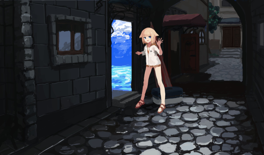 1girl absurdres bikini bikini_under_clothes blonde_hair blue_eyes blue_sky blunt_ends building cevio character_name cobblestone commentary_request day hair_flaps hand_up highres jacket kagari-lunatic no_lineart one_(cevio) open_door open_mouth orange_bikini outdoors portal_(object) short_hair sky sleeves_rolled_up smile solo standing swimsuit town water waving white_jacket wide_shot window