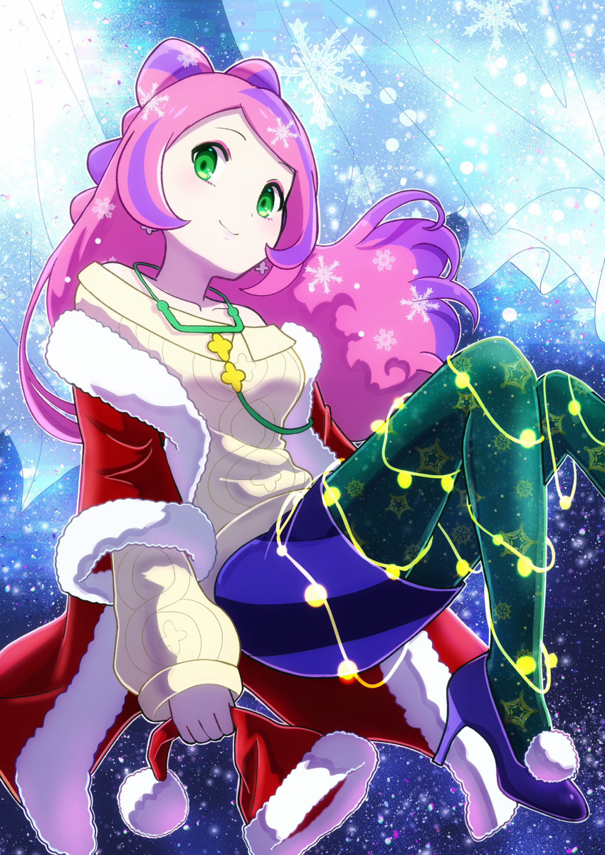 1girl alternate_costume bare_shoulders breasts coat collarbone earrings eyeshadow flower_earrings fur-trimmed_coat fur_trim green_eyes green_pantyhose hat highres jewelry large_breasts long_hair long_sleeves makeup miriam_(pokemon) multicolored_hair off-shoulder_sweater off_shoulder pantyhose pink_eyeshadow pink_hair pokemon pokemon_sv purple_hair purple_skirt red_coat santa_costume santa_hat school_nurse sheyona skirt solo stethoscope streaked_hair striped striped_skirt sweater swept_bangs yellow_sweater