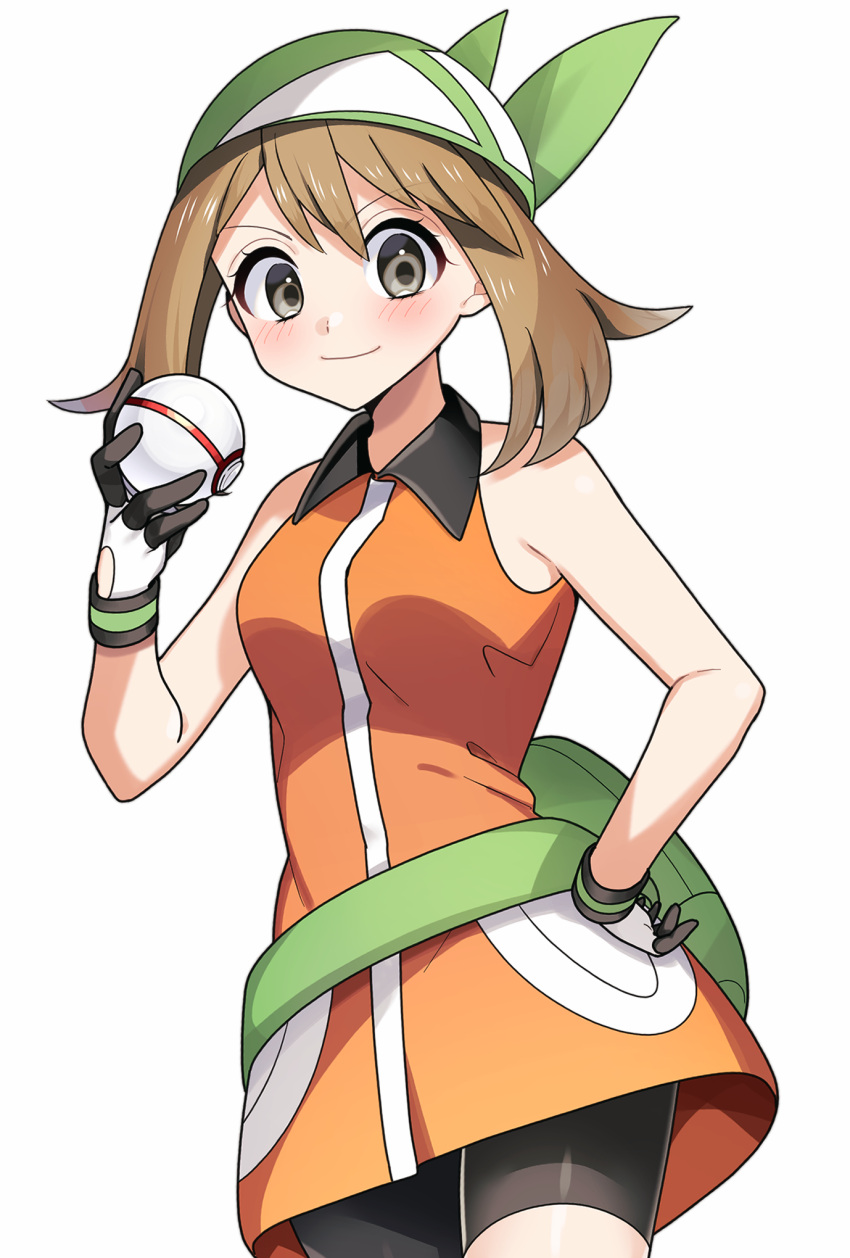 1girl bandana bike_shorts blush brown_eyes brown_hair closed_mouth collared_dress commentary dress eyelashes fanny_pack gloves green_bag green_bandana hand_on_own_hip highres holding holding_poke_ball looking_at_viewer may_(pokemon) medium_hair orange_dress poke_ball pokemon pokemon_(game) pokemon_emerald pokemon_rse premier_ball simple_background sleeveless sleeveless_dress smile solo white_background white_gloves yuihico