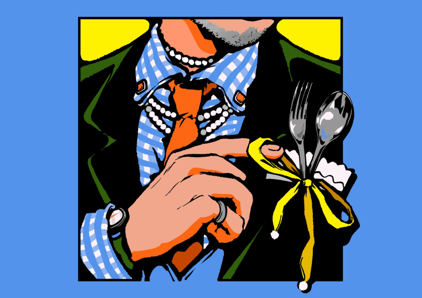 1boy beard black_jacket blue_border blue_shirt border facial_hair fork grey_hair head_out_of_frame highres jacket jewelry long_sleeves male_focus minillustration necklace necktie original plaid plaid_shirt red_necktie ribbon ring shirt simple_background solo spoon watch wristwatch yellow_background yellow_ribbon