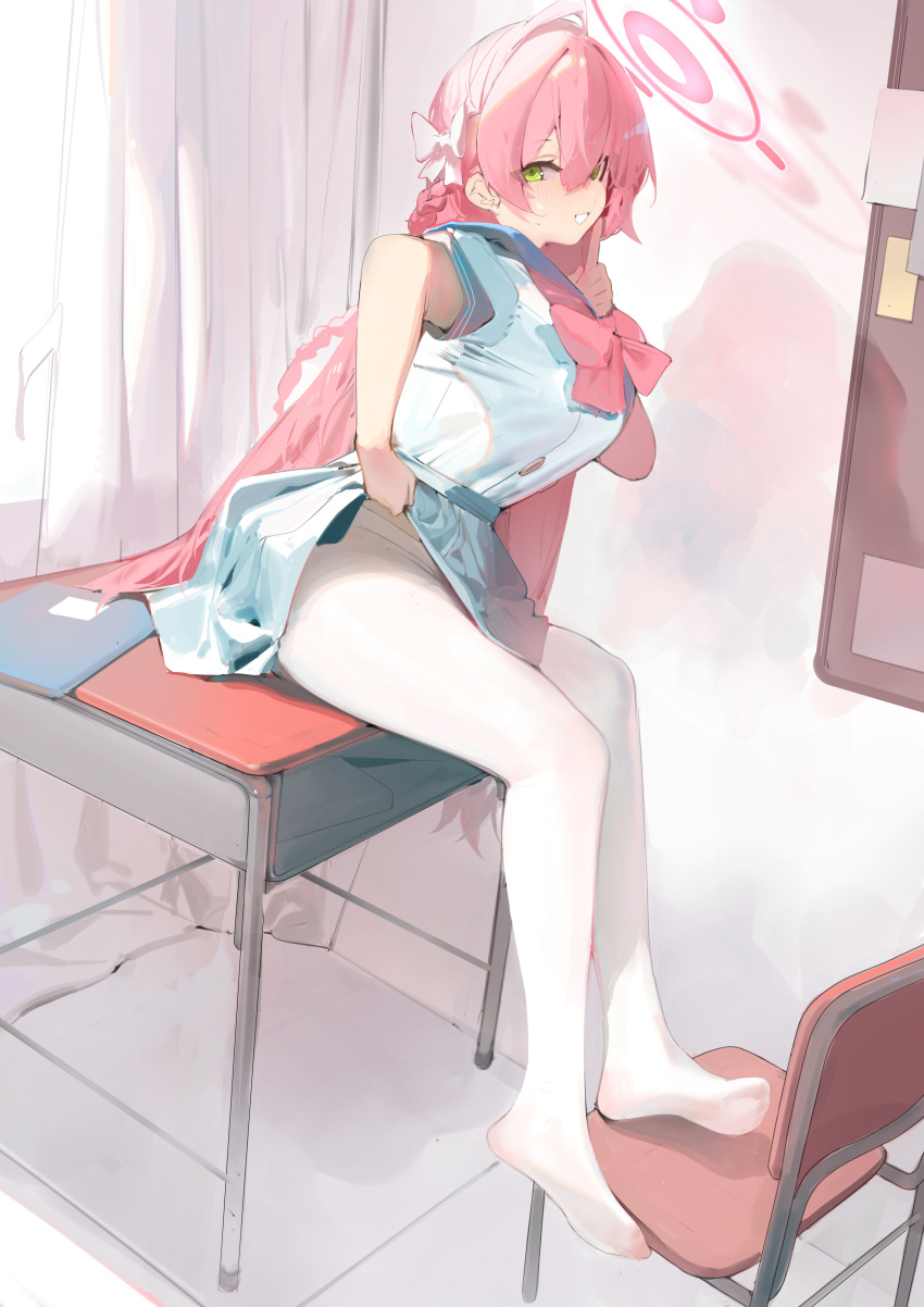 1girl absurdres ahoge blue_archive blue_sailor_collar bow bowtie braid breasts clothes_lift desk feet finger_to_mouth green_eyes hair_between_eyes hair_bow halo hanako_(blue_archive) highres large_breasts leggings legs long_hair looking_at_viewer no_shoes on_desk pantyhose pink_bow pink_bowtie pink_hair pleated_skirt prossss sailor_collar school_uniform serafuku shushing side_braid single_braid sitting sitting_on_desk skirt skirt_lift smile soles solo toes white_pantyhose white_serafuku