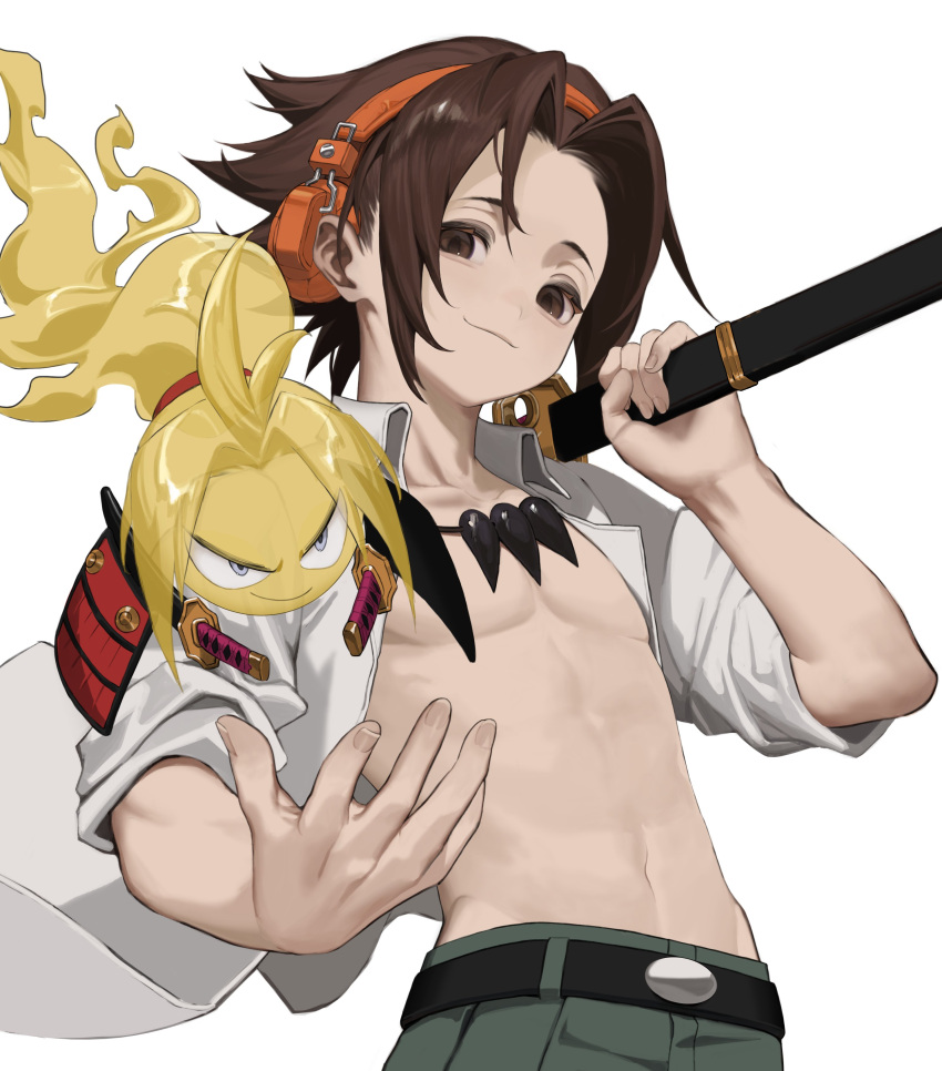 1boy absurdres asakura_you brown_eyes brown_hair cbow closed_mouth collared_shirt green_pants highres holding holding_sword holding_weapon jewelry light_smile linea_alba male_focus navel necklace open_clothes open_shirt pants shaman_king shirt short_hair solo sword weapon white_background white_shirt