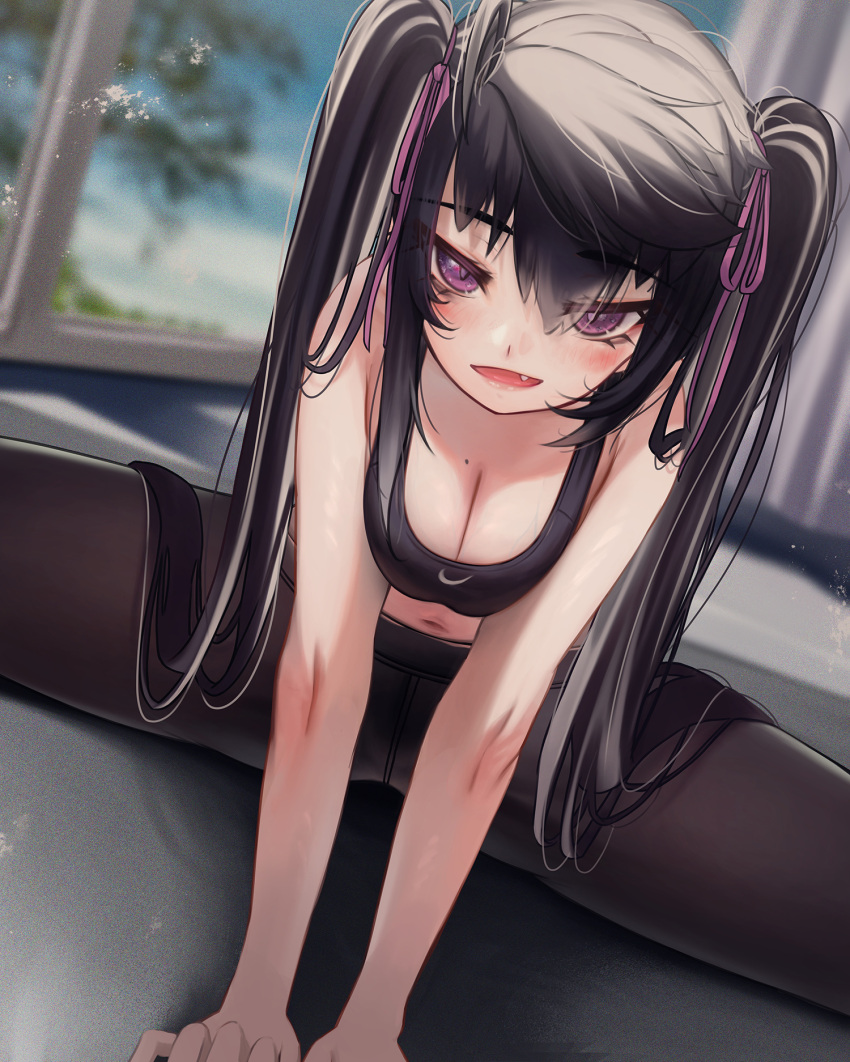 1girl black_hair black_pantyhose breasts breasts_squeezed_together cleavage fang hair_between_eyes hair_ribbon highres indoors jitome leaning_forward long_hair looking_at_viewer mole navel open_mouth original pants pantyhose priite_hari_(torriet) purple_eyes ribbon smile smug solo sports_bra spread_legs stretching tight_clothes tight_pants torriet twintails very_long_hair