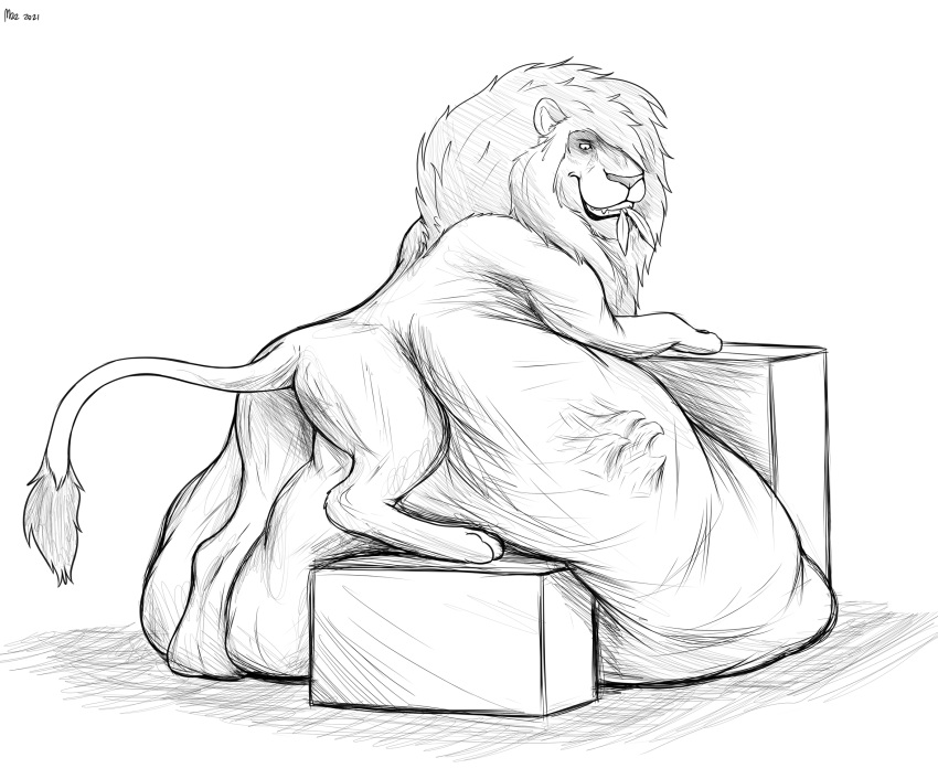 abdominal_bulge after_vore ambiguous_gender avian belly big_belly butt digestion duo feathers felid feral feral_pred feral_prey gryphon hi_res lion looking_at_belly male mammal mane mythological_avian mythology pantherine rear_view sketch thatgryphonguy unwilling_prey vore