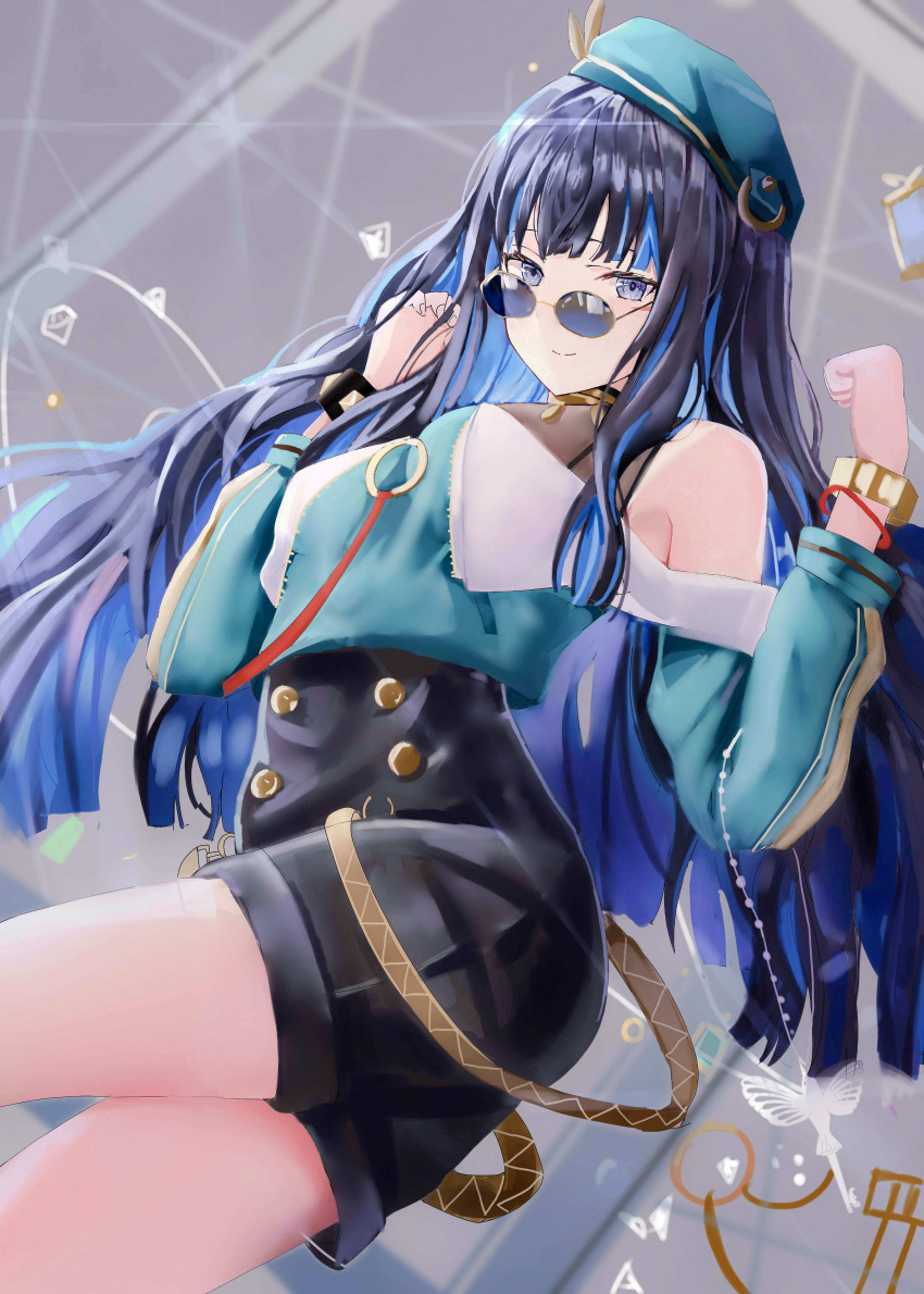 1girl absurdres age_fx bare_shoulders beret black_hair black_shorts blue_hair bracelet breasts buttons colored_inner_hair double-breasted fate/grand_order fate_(series) green_headwear green_jacket grey_eyes hat highres jacket jewelry key long_hair long_sleeves looking_at_viewer medium_breasts multicolored_hair neck_ring o-ring off_shoulder round_eyewear shorts sidelocks smile solo sunglasses tenochtitlan_(fate) thighs wavy_hair zipper